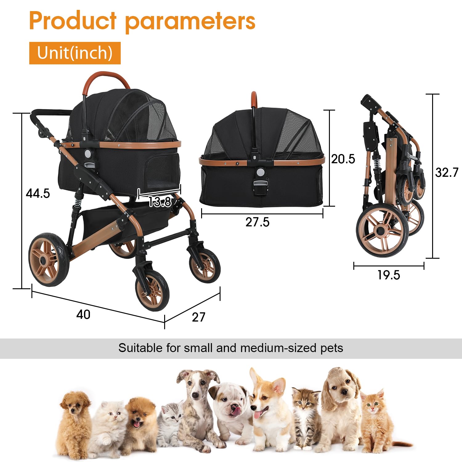 BestPet Premium 3-in-1 Folding Pet Stroller for Large & Medium Dogs & Cats - Aluminum Frame, 66lbs Capacity, Lightweight Travel Stroller with Detachable Carrier - Perfect for Walks, Vet Visits & Outdoor Adventures (Black)