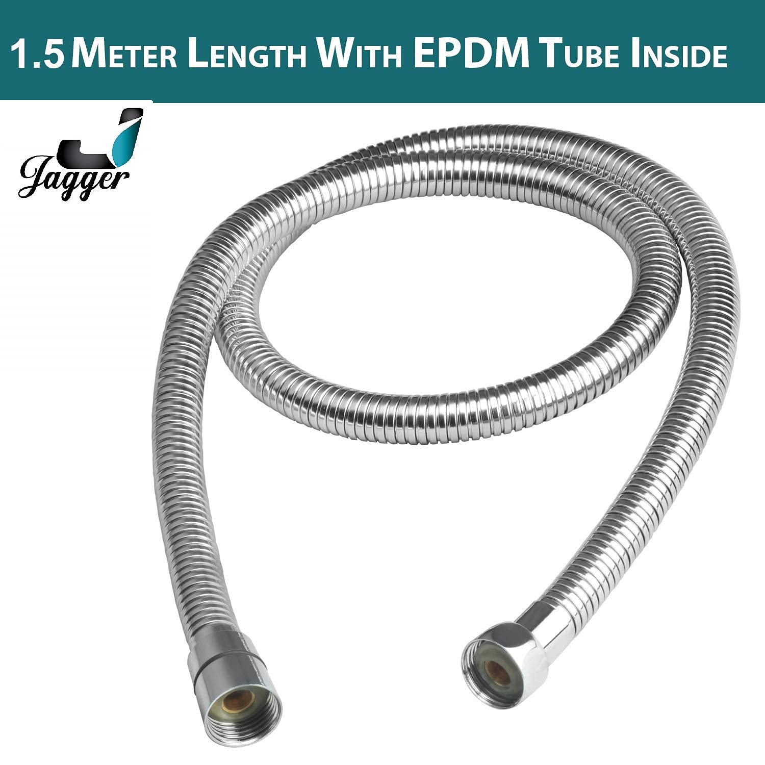 Jagger Chromed Stainless Steel Double-Buckle Flexible Shower Hose - 1.5M Hand Shower Tube with Health Faucet for Bathroom & Spa | Durable, Leak-Proof & Adjustable for Relaxing Showers