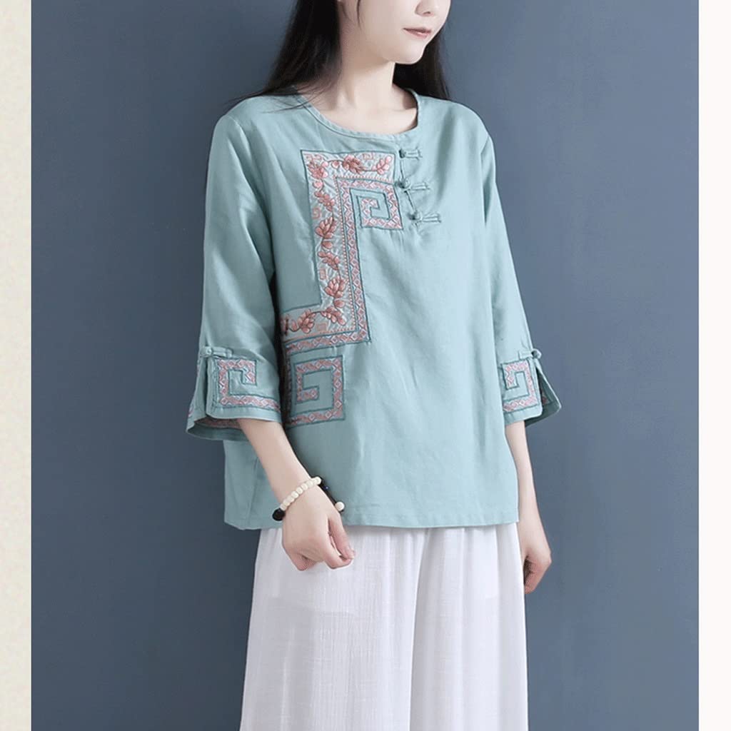 XJJZS Women's Cotton Linen Shirt - Retro National Style Embroidered Chinese Traditional Blouse - Round Neck Boho Top - Blue XL - Perfect for Festivals, Travel & Cultural Events