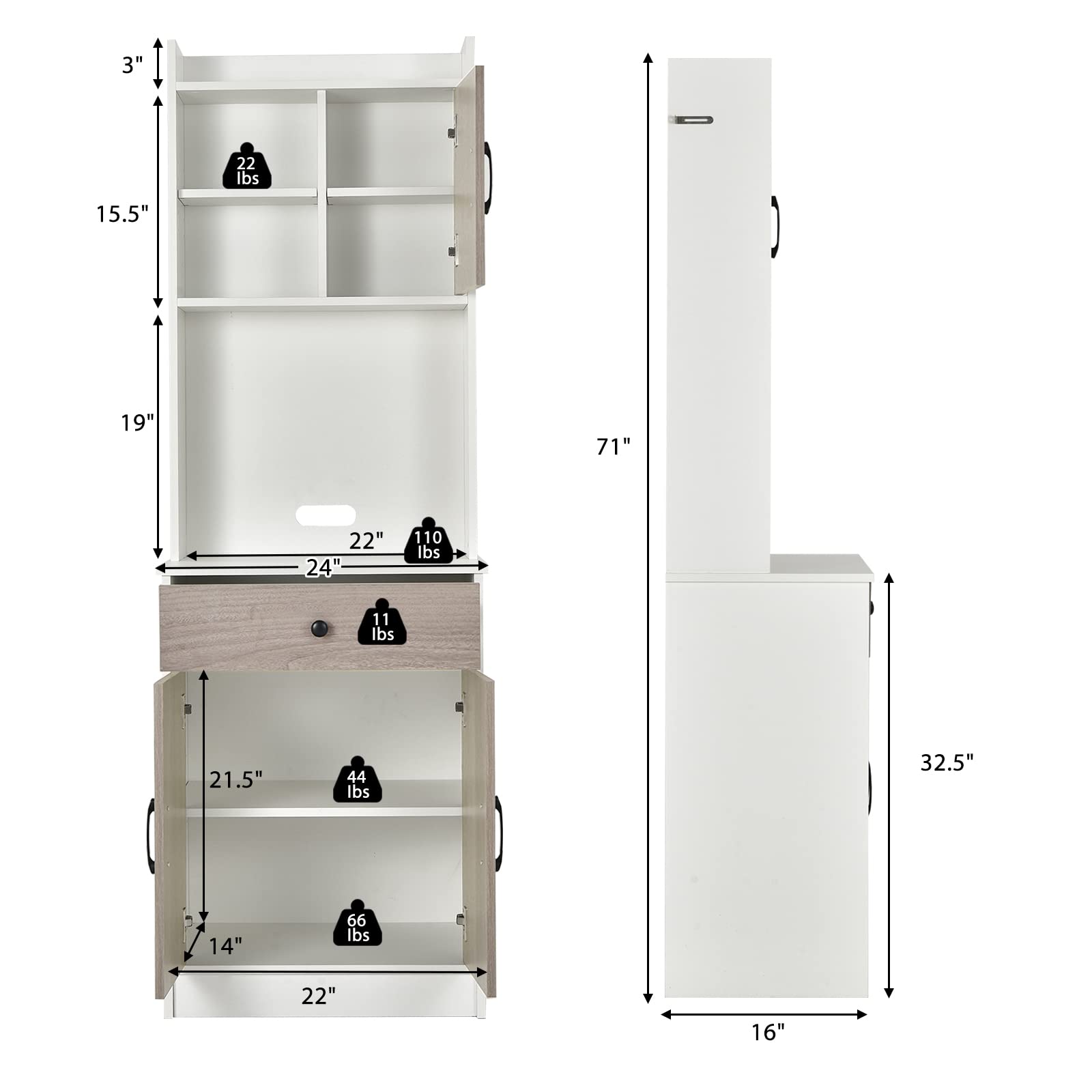 Giantex Pantry Organizers and Storage Cabinet - Tall Buffet Hutch with Drawers & Shelves, White & Natural Wood Countertop - Perfect for Kitchen Organization, Dining Room Storage & Microwave Stand