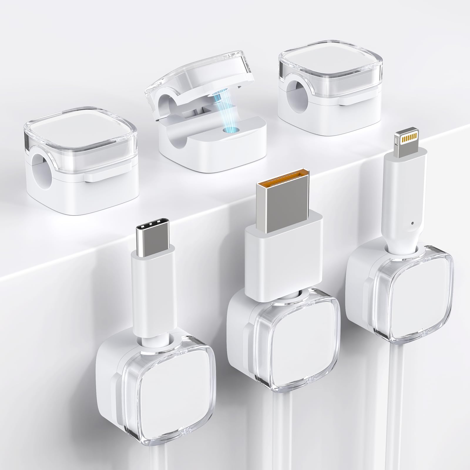 6 Pack Magnetic Cable Clips - Strong Adhesive Cord Organizer for Desk, Nightstand, Kitchen, Car & Office - Clear White Wire Keepers for Phone Chargers, Headphones & Appliances
