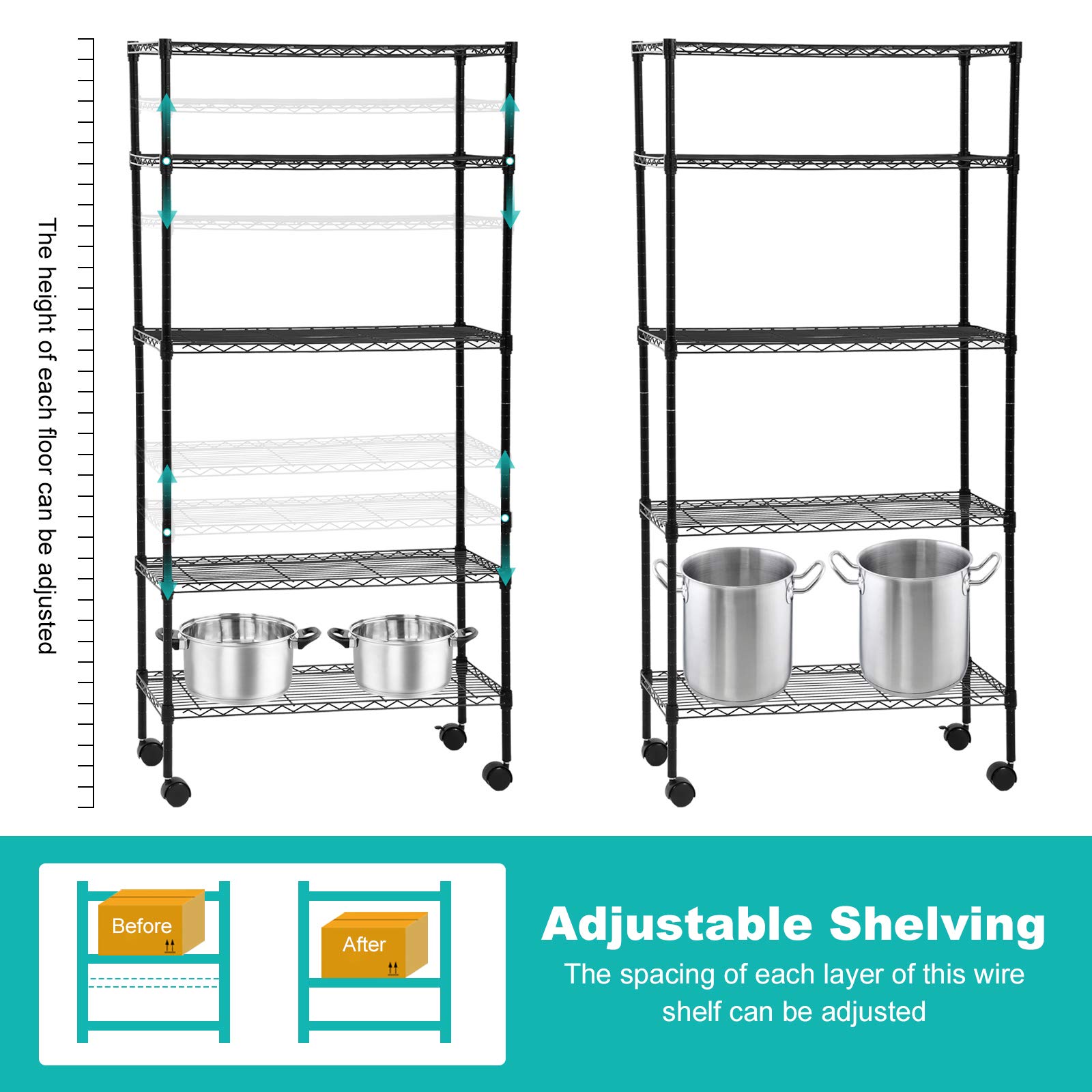 5-Tier Heavy Duty Metal Storage Shelves with Wheels - 30