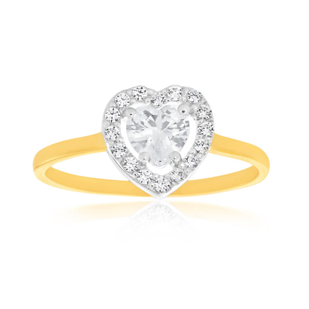 9ct Yellow Gold & White Gold Cubic Zirconia Heart Halo Ring for Women - Elegant Valentine's Day, Anniversary or Birthday Gift for Her