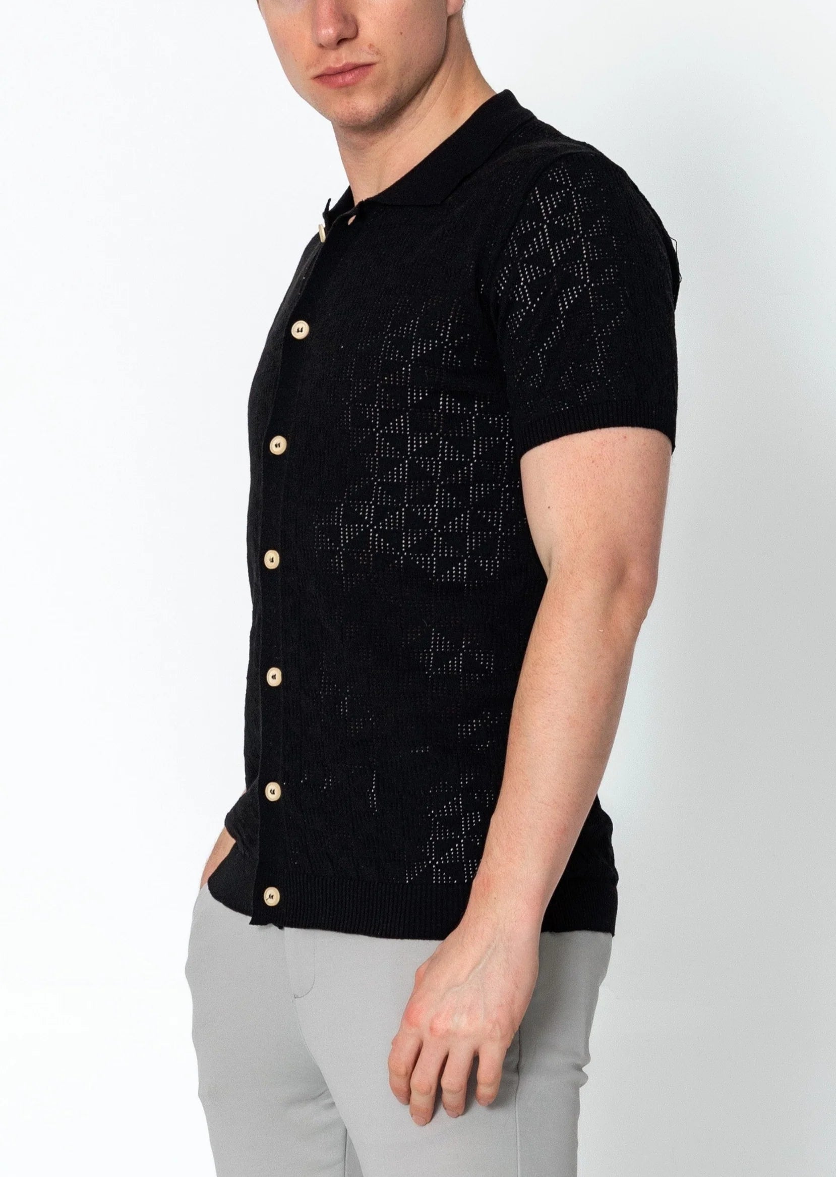 Geometric Crochet Polo Shirt for Men - Trendy Black Cotton Knit Top with Unique Design | Perfect for Casual Outings, Beach Vacations & Summer Fashion