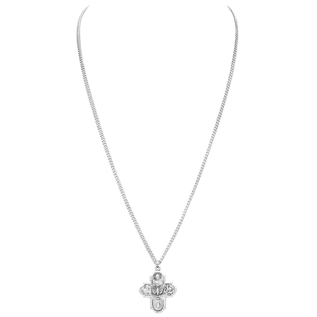Rosemarie's Sterling Silver Traditional Catholic Four Way Cross Medal Pendant Necklace - 24 Inch Chain - Religious Gift for Baptism, First Communion & Confirmation - Perfect for Daily Wear & Special Occasions