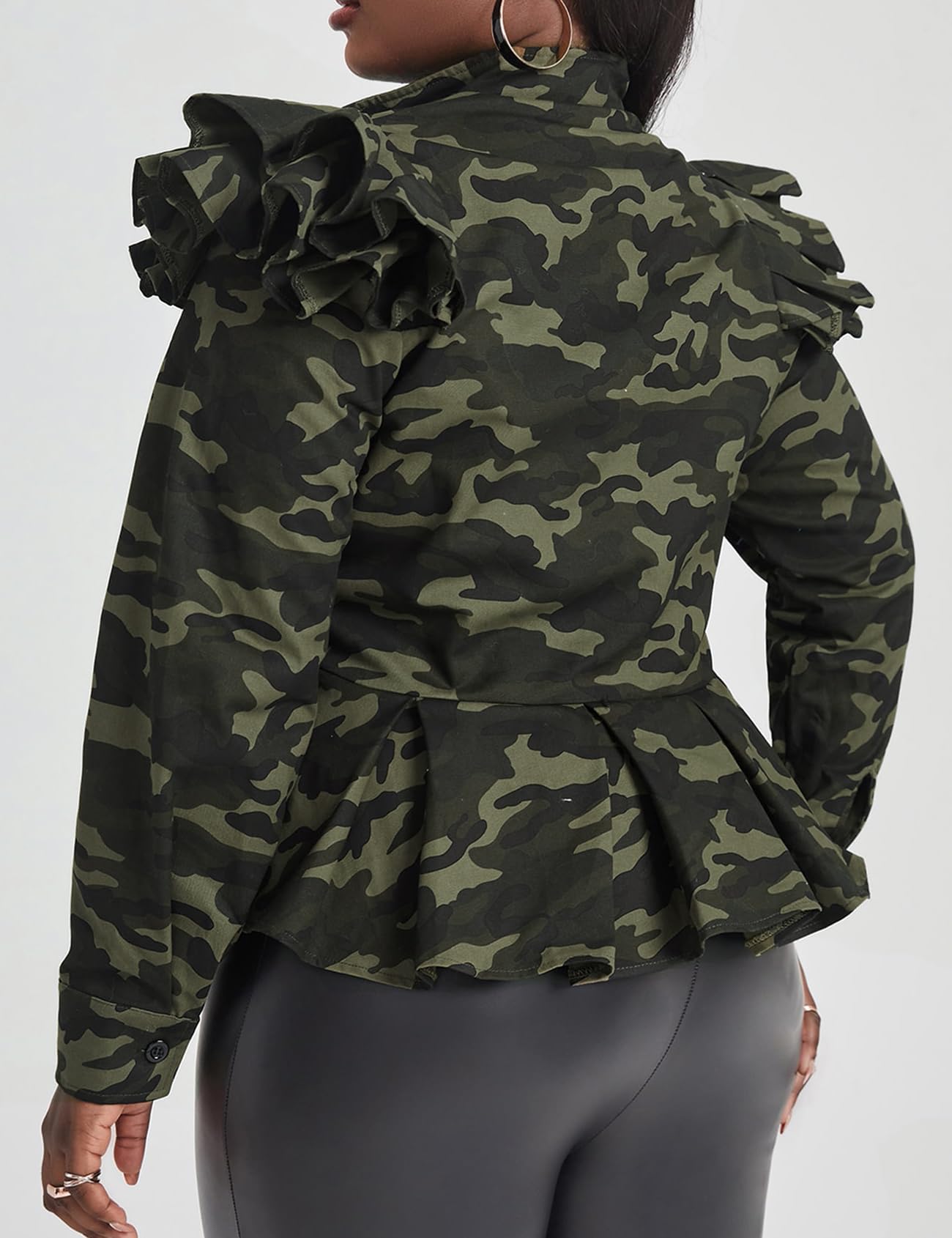LifeShe Women's Camouflage Denim Jacket with Ruffle Sleeves & Peplum Style - Stylish Zip-Up Blazer for Casual Outings, Work Wear & Date Nights