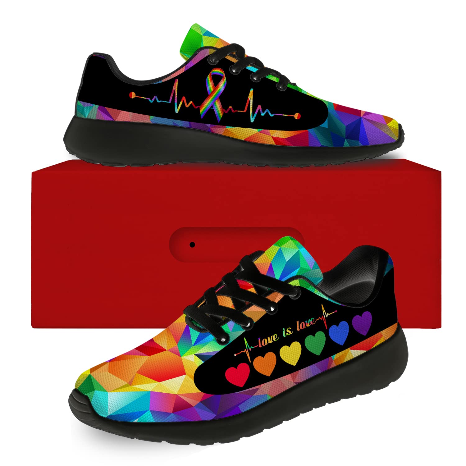 **Men's & Women's Pride Month Running Shoes - Rainbow Hearts LGBT Sneakers for Walking, Tennis & Casual Wear - Size 13 Men/15.5 Women - Black - Perfect for Pride Parades, Gym Workouts & Everyday LGBTQ+ Support**