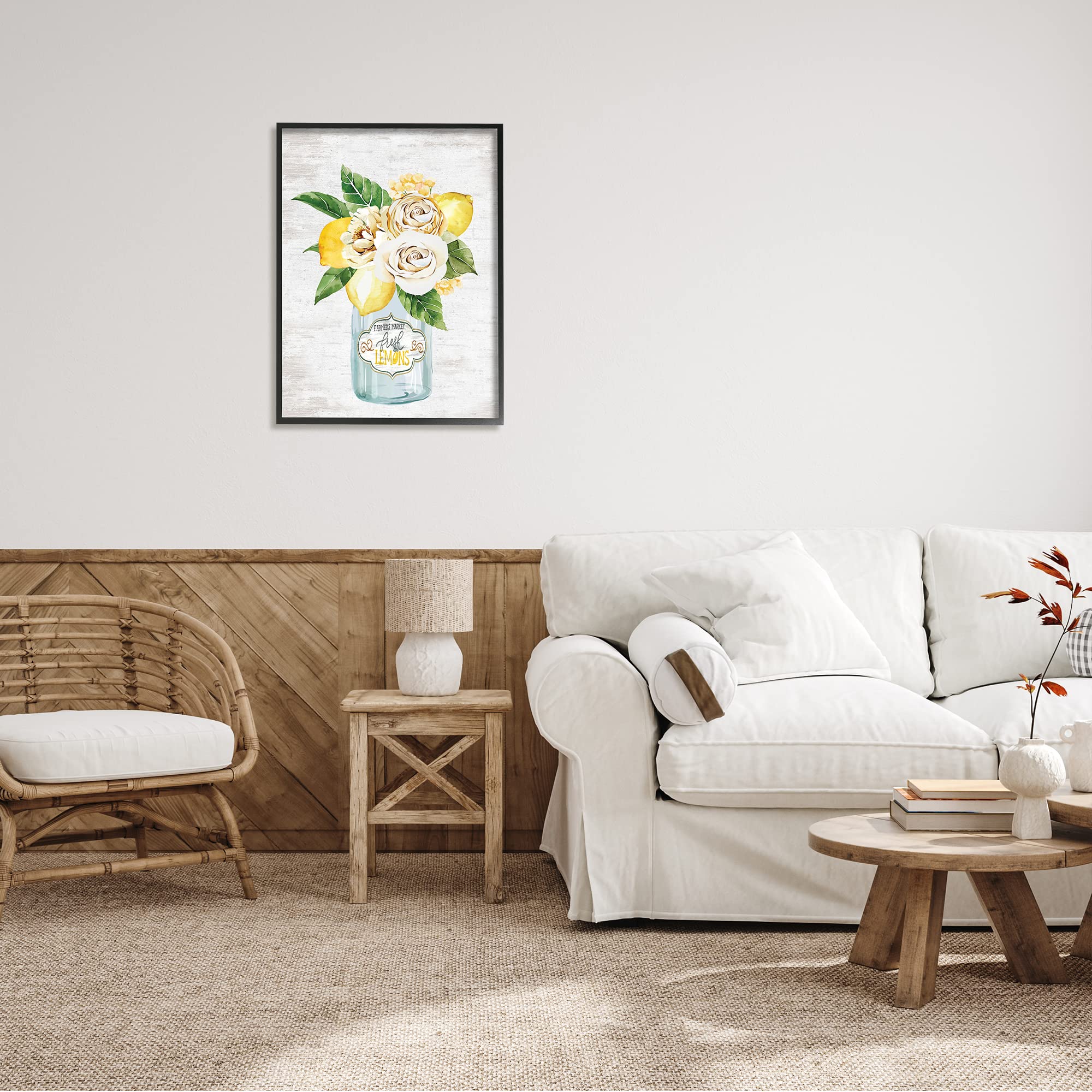 Stupell Industries Framed Wall Art - Fresh Lemon Floral Bouquet Farmers Market Jar Painting, 24x30 Inches, Yellow - Perfect for Kitchen, Dining Room, or Farmhouse Decor