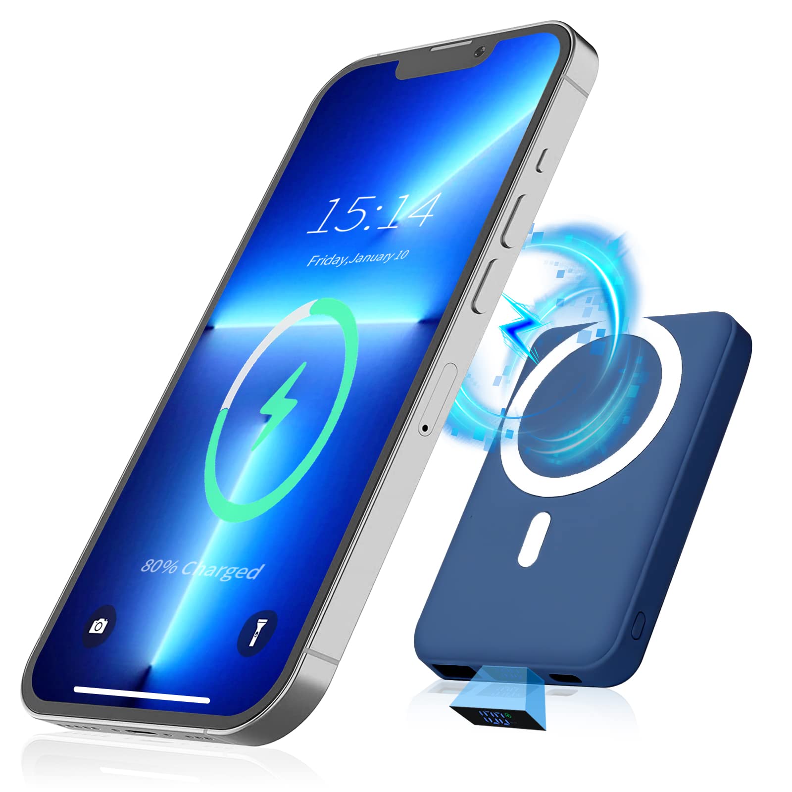 SZLCKE 10000mAh Magnetic Wireless Power Bank - PD 22.5W Fast Charging & QC3.0 USB-C Portable Charger with LED Display | Compatible with iPhone 14/13/12/Pro Max/Pro/Mini | Perfect for Travel, Camping & Everyday Use (Blue)