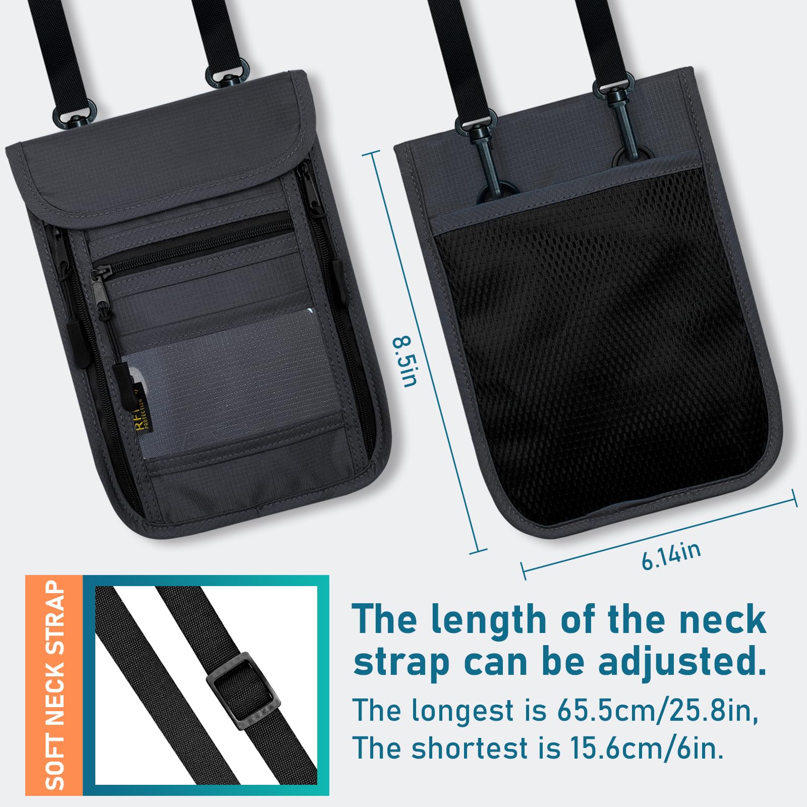 Sundee RFID Blocking Travel Neck Wallet - Secure Passport Holder with Adjustable Strap & Double Zippers for Cash, Credit Cards, ID - Dark Gray | Perfect for Airports, Vacations & International Travel