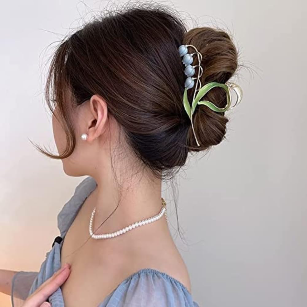 RSJ TRADERS - 2PCS Tulip Hair Claw Clips for Women, Fairy Flower Hair Clips, Large Metal Hair Clips for Ponytail, Trendy Hair Accessories for Women & Girls (Pink, Blue) - Perfect for Parties, Weddings & Daily Styling