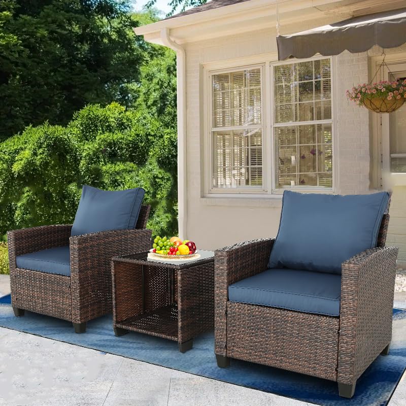 3-Piece Patio Furniture Set, PE Rattan Wicker Outdoor Sofa with Washable Cushions & Tempered Glass Table - Perfect for Balcony, Garden, Poolside & Backyard (Brown & Navy Blue) | Weather-Resistant Outdoor Lounge Set for Relaxing & Entertaining