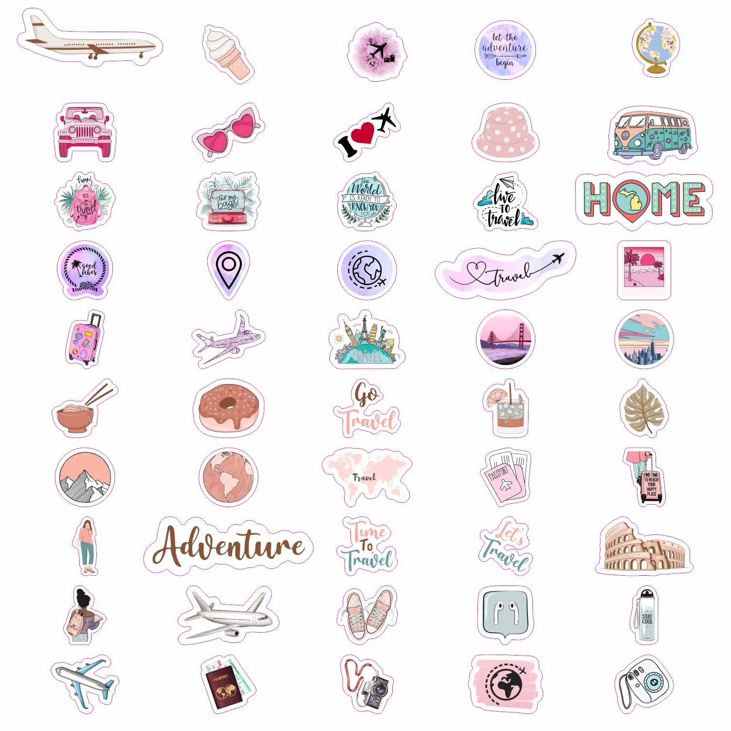 BulbaCraft 100Pcs Cute Travel Stickers for Girls - Waterproof Vinyl Decals for Water Bottles, Notebooks, Laptops & Luggage - Perfect for Travel Journals, Road Trips & Adventure Scrapbooking - Fun DIY Stickers for Suitcases, Planners & Gift Wrapping