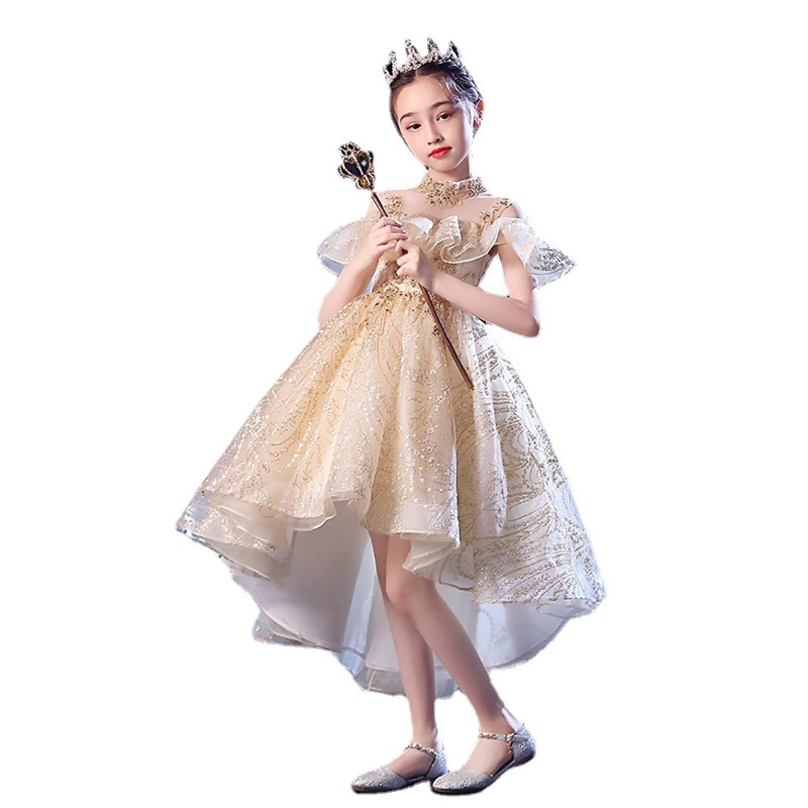 Elegant Flower Girl Dress for Girls - Embroidered Princess Puffy Yarn Evening Dress, Champagne Color, Size 150cm - Perfect for Pageant, Party, Prom & Formal Occasions