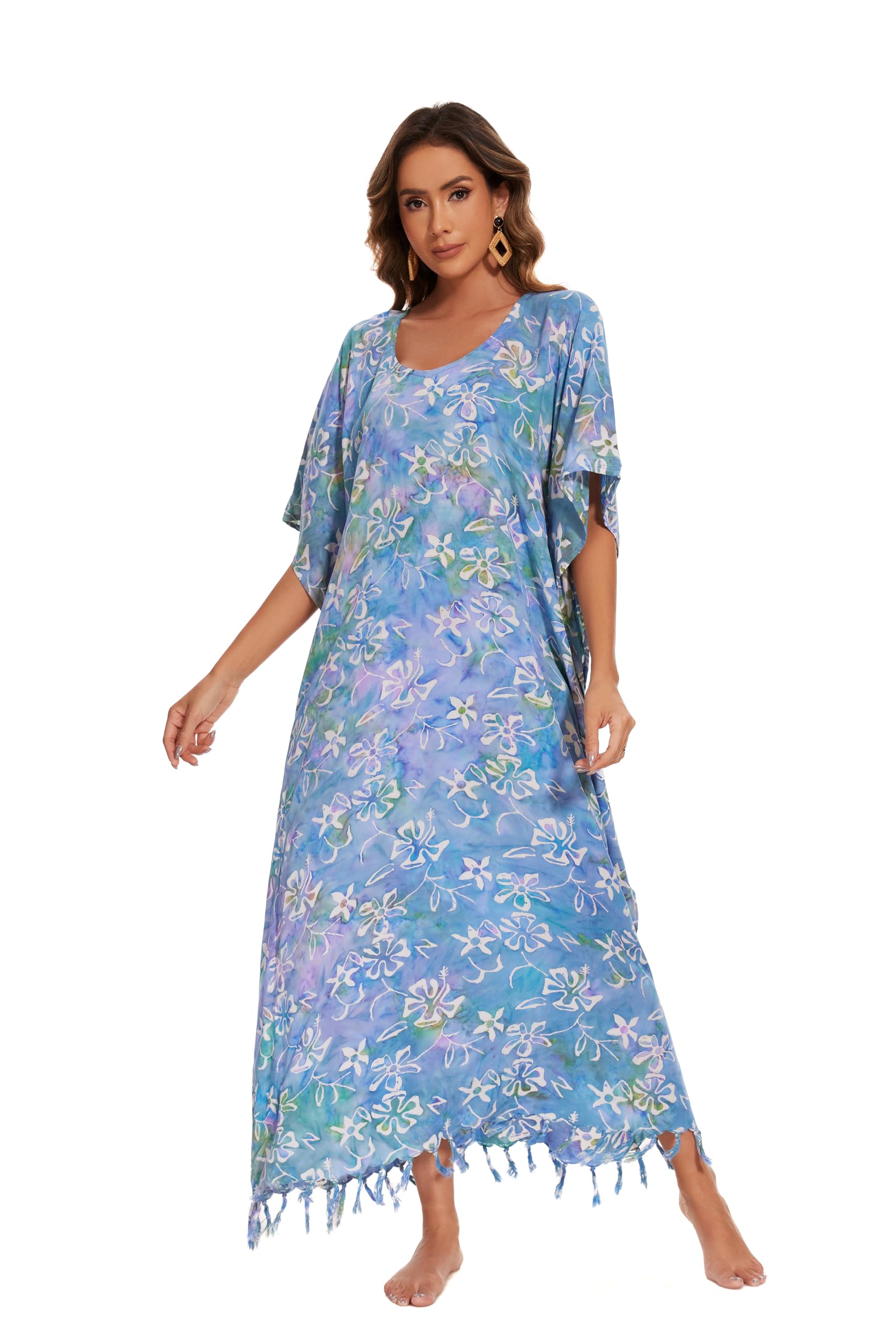 Beautybatik Moss Green Women's Hand Blocked Batik Rayon Caftan - Boho Maxi Dress for Plus Size (XL to 4X) | Perfect for Beach Cover-Up, Summer Loungewear & Vacation Outfits
