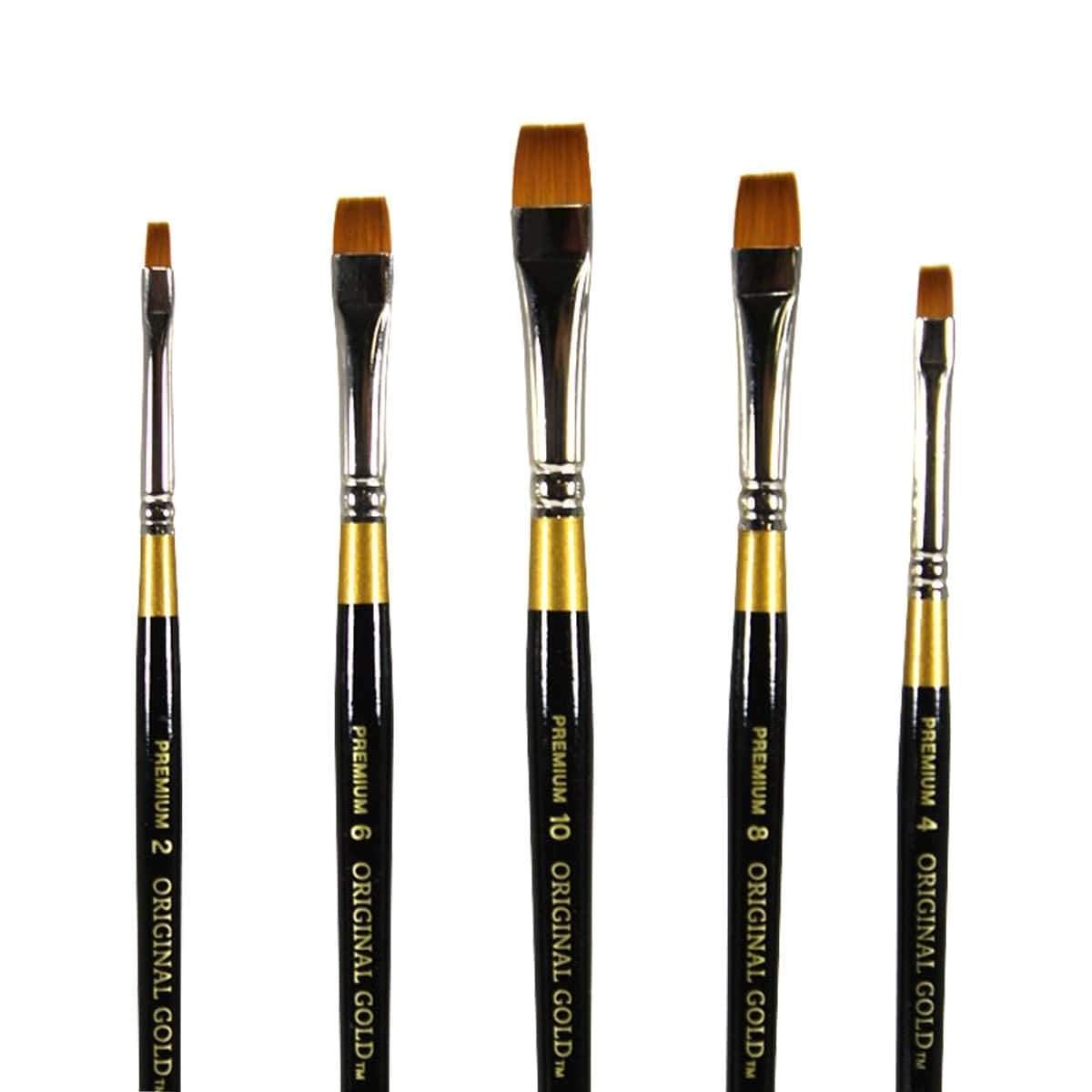 KINGART B-010 Premium 5-Piece Original Gold 9450 Series Chisel Blender Brush Set - Synthetic Golden Taklon Bristles for Acrylic, Oil & Gouache Painting - Short Handle (Sizes 2,4,6,8,10) - Perfect for Canvas, Wood & Fabric Art Projects