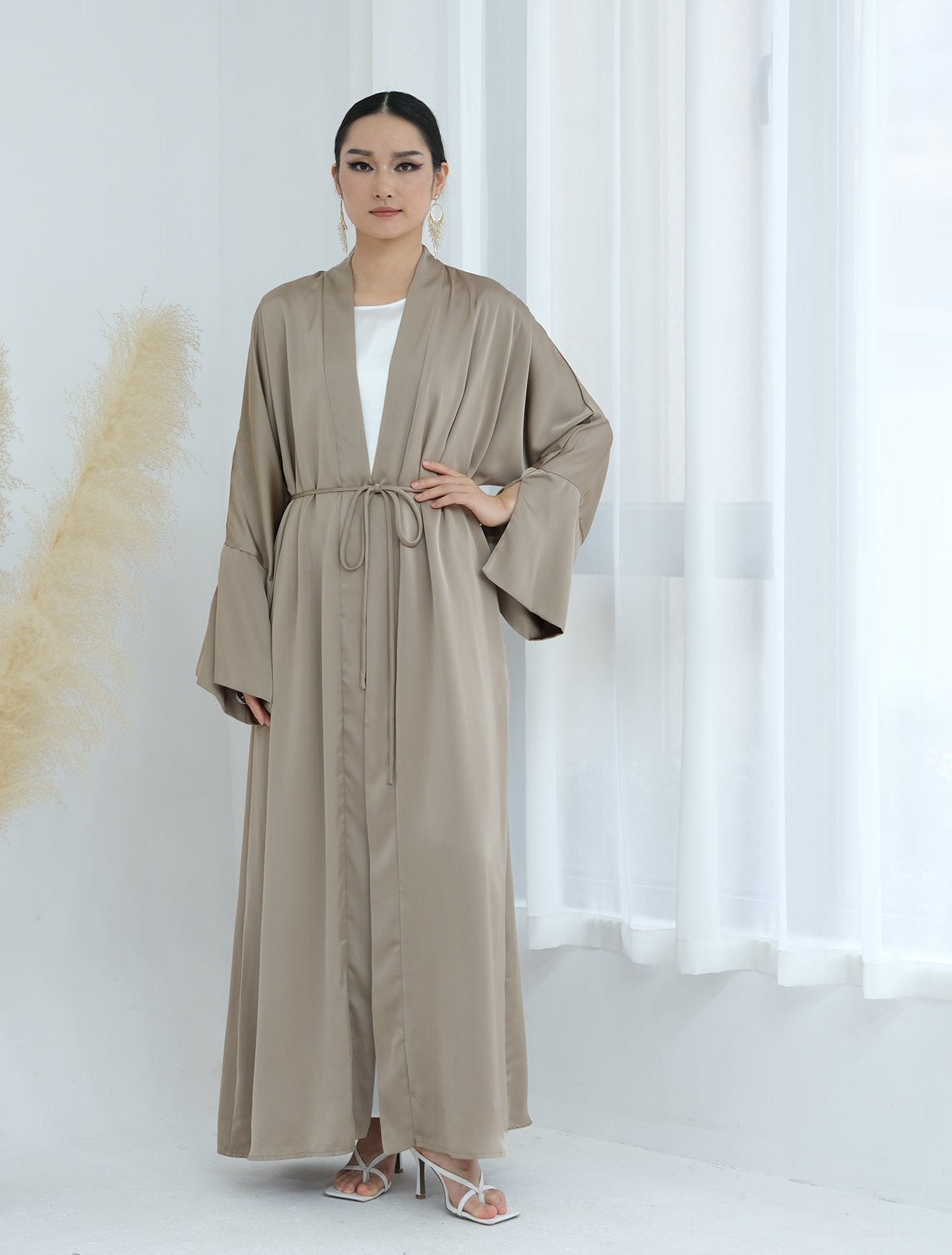 Lavinia Satin Open Abaya Champagne - Elegant Muslim Prayer Dress for Women | Perfect for Eid, Ramadan & Special Occasions