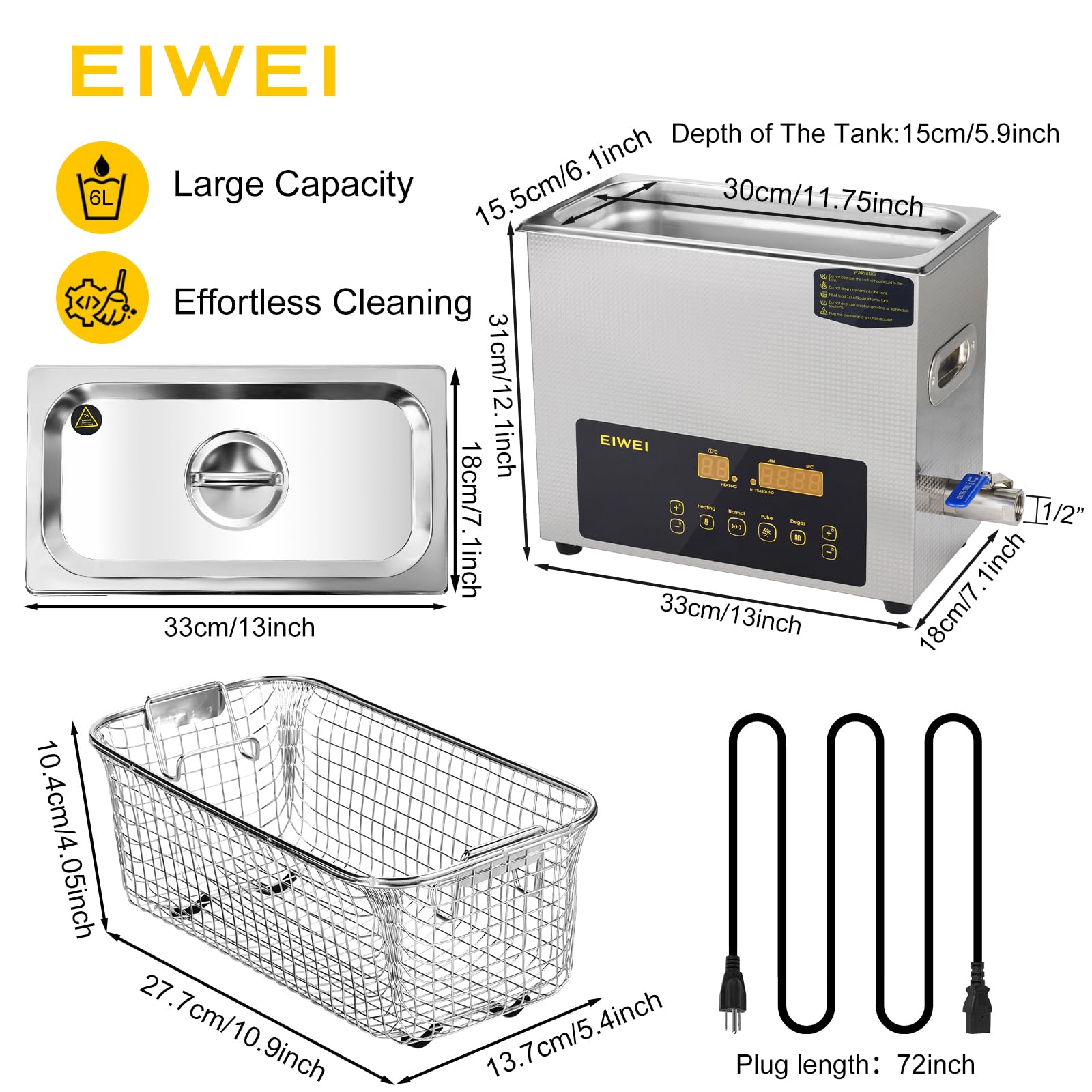 6L Professional Ultrasonic Cleaner with Heater & Timer - Dual Frequency Digital Stainless Steel Cleaning Machine for Jewelry, Glasses, Dentures, Carburetors, Circuit Boards & Small Parts | Home & Commercial Use
