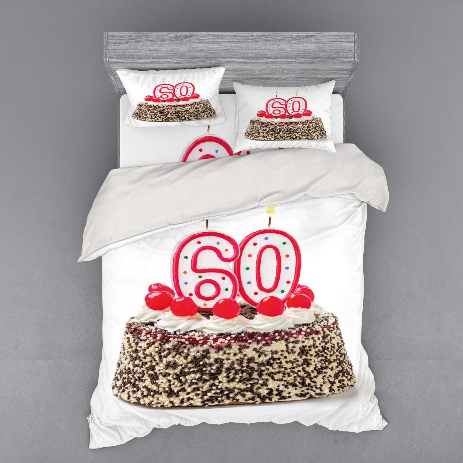 Ambesonne 60th Birthday Bedding Set - Queen Size 4-Piece Duvet Cover with Shams & Fitted Sheet - Happy Party Cake with Candles, Cherries & Sprinkles Design - Multicolor - Perfect for Birthday Celebrations & Themed Bedroom Decor