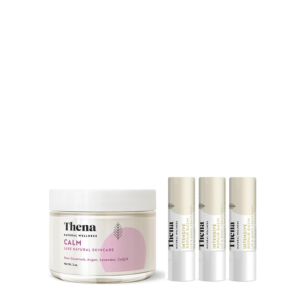Thena Calm Face Moisturizer Cream & Intensive Lip Balm 3-Pack Set | Hydrating Skincare Bundle for Dry Skin | Perfect for Daily Use, Travel & Gift Giving