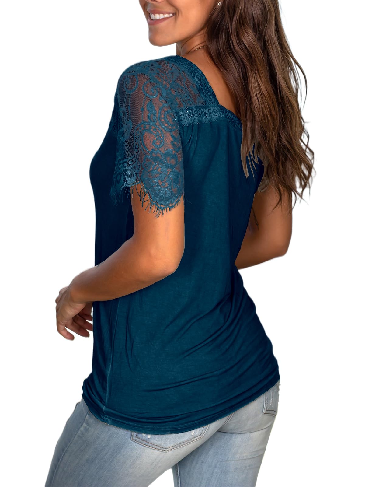 WMZCYXY Women's Lace Short Sleeve V-Neck T-Shirt - Elegant Summer Blouse for Casual Wear, Office & Date Nights