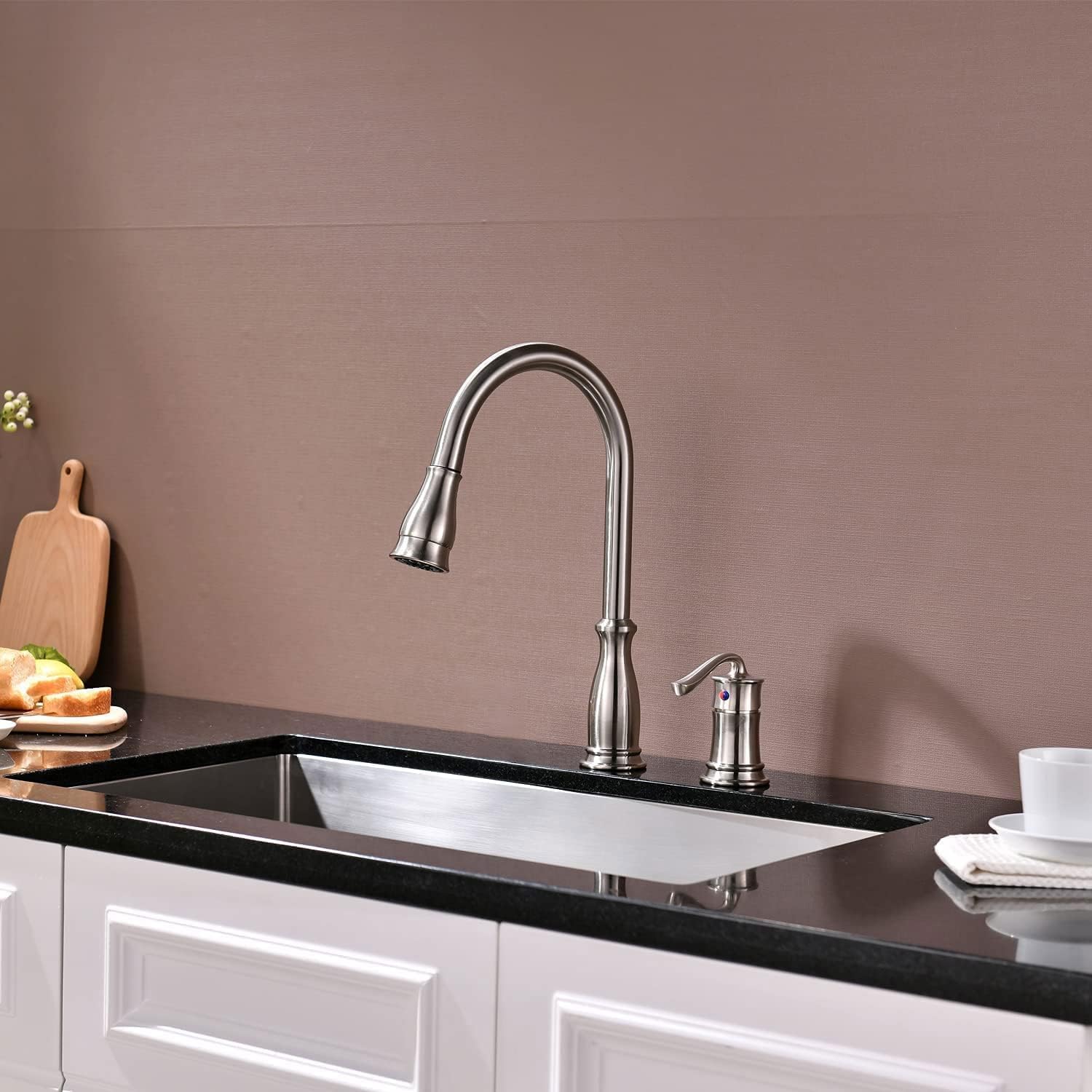 APPASO Brushed Nickel 3-Hole Pull Down Kitchen Faucet with Sprayer & Soap Dispenser - High Arc Stainless Steel Sink Faucet for Modern Kitchens (Perfect for Washing Dishes, Filling Pots & Cleaning Vegetables)