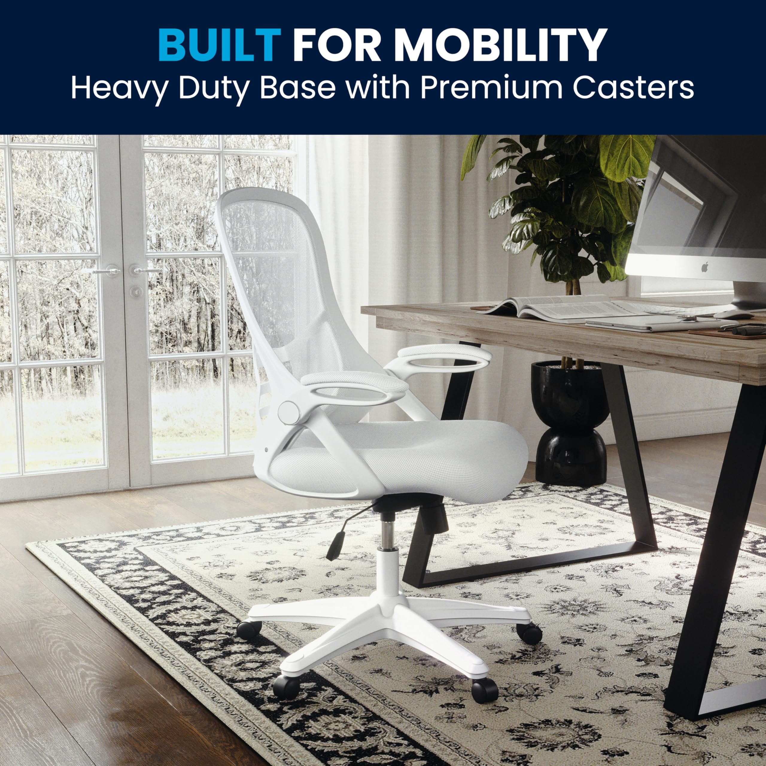 Flash Furniture Porter High-Back Swivel Office Chair with Adjustable Lumbar Support & Height - Ergonomic Mesh Desk Chair with Flip-Up Armrests, White - Perfect for Home Office, Gaming & Workspaces