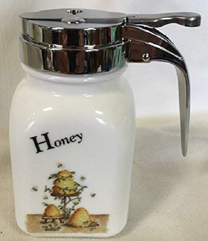 Premium Honey Dispenser - Elegant Milk Glass Design - Handcrafted in USA by Mosser Glass - Perfect for Kitchen, Breakfast Table & Gift Giving (Bees/Hive Theme)