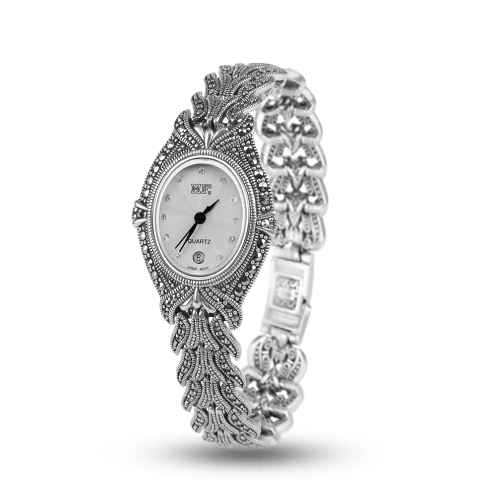 Vintage Women's 925 Silver Marcasite Pave Thai Wrist Watch (White) - Elegant Timepiece for Casual, Office & Special Occasions