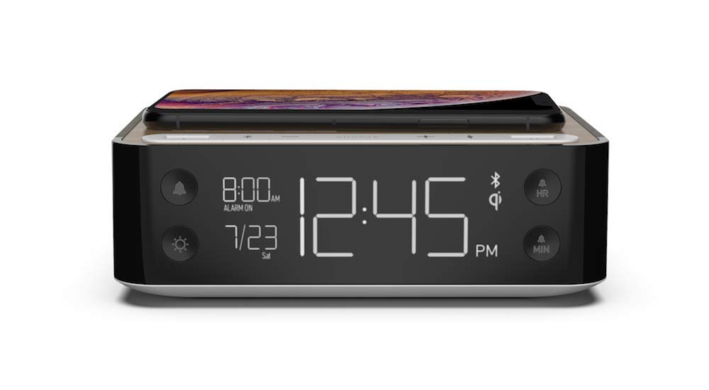 NONSTOP Station A - Wireless Charging Alarm Clock with Qi Charger, Dual USB Ports & Bluetooth Speaker for Bedroom, Office, Travel - Warm Walnut Finish