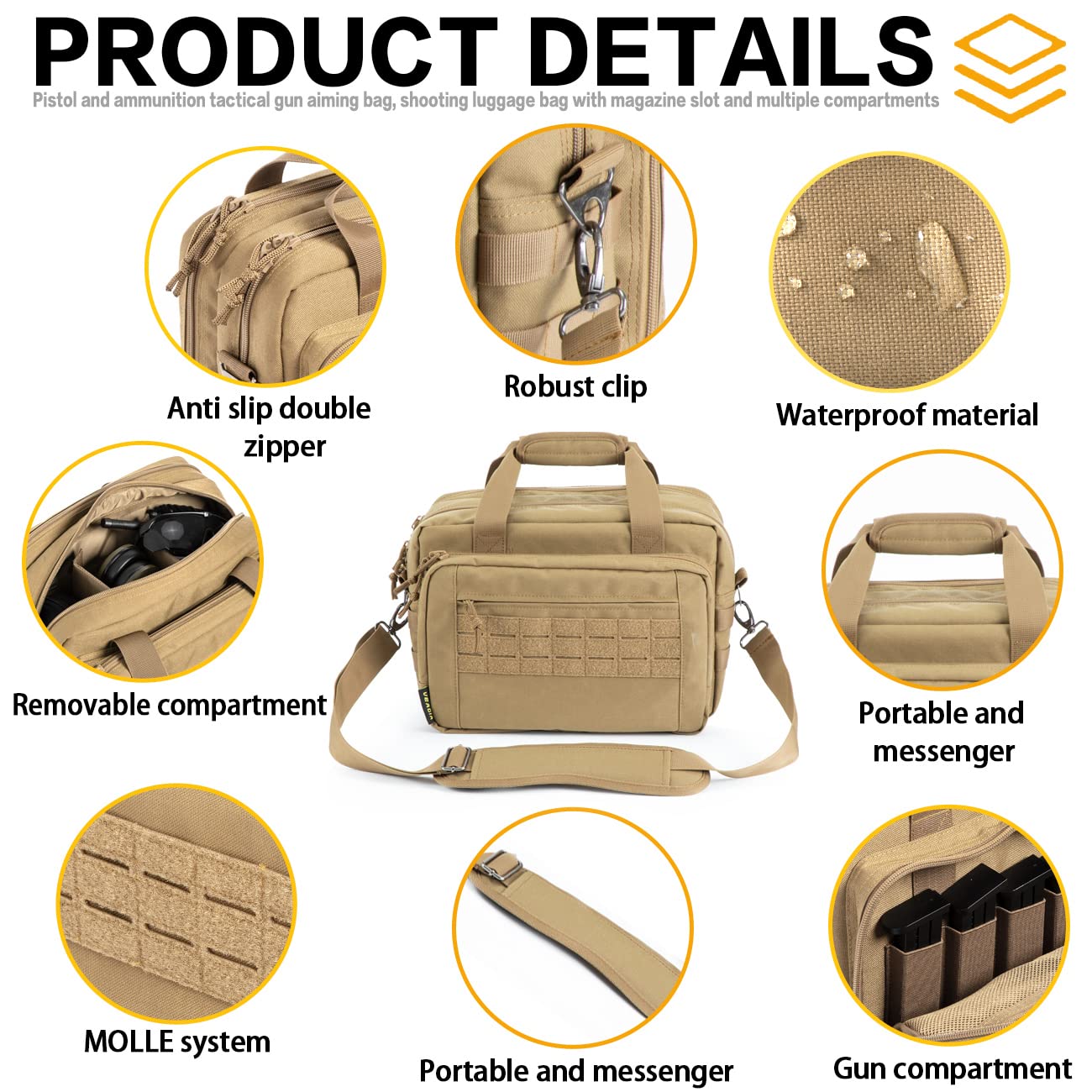 VEAGIA Tactical Range Bag - Durable Pistol Case for Handguns & Ammo Storage - 3 Compartment Soft Carrying Gun Range Bag for Shooting Range, Hunting & Outdoor Activities