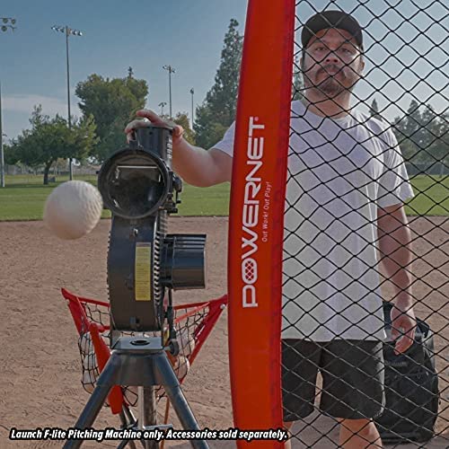 PowerNet Launch F-lite Softball & Baseball Pitching Machine with Dimpled Practice Balls & Bucket of Baseballs - Complete Coaching Bundle for Baseball Training | Perfect for Backyard Practice, Team Drills & Pitching Practice