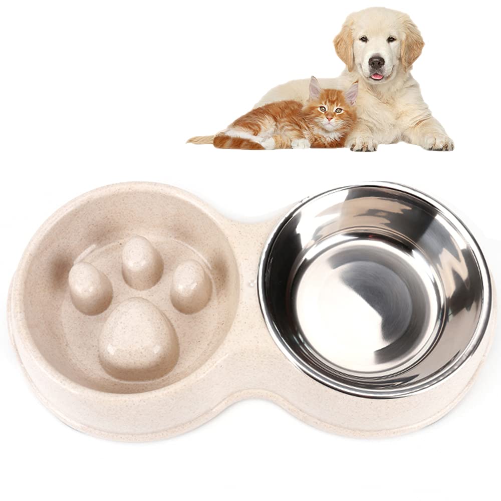Slow Feed Dog Bowl for Small Dogs - Double Bowl Pet Feeder with Water Dispenser - Perfect for Mealtime Anxiety & Portion Control for Cats and Puppies