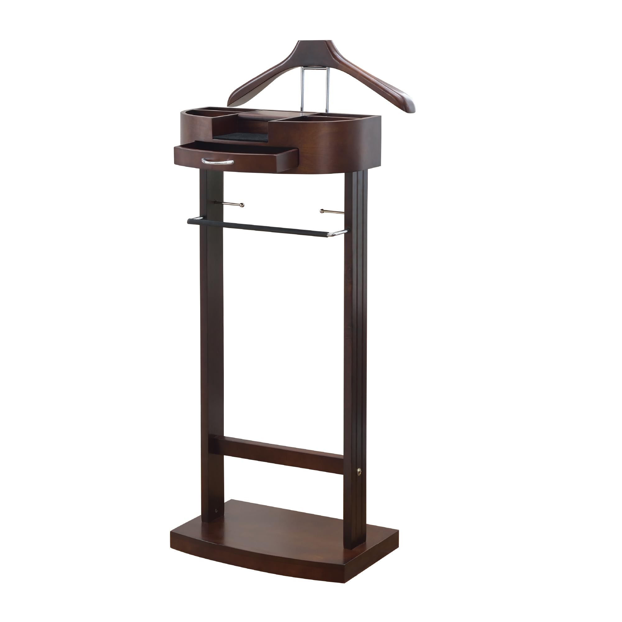 Proman Products Crescent Moon Valet Stand for Men - Wooden Valet Organizer with Drawer, Top Tray, Contour Hanger, Trouser Bar, Belt Hooks & Shoe Rack - Mahogany Finish - Perfect for Bedroom, Closet & Entryway Organization