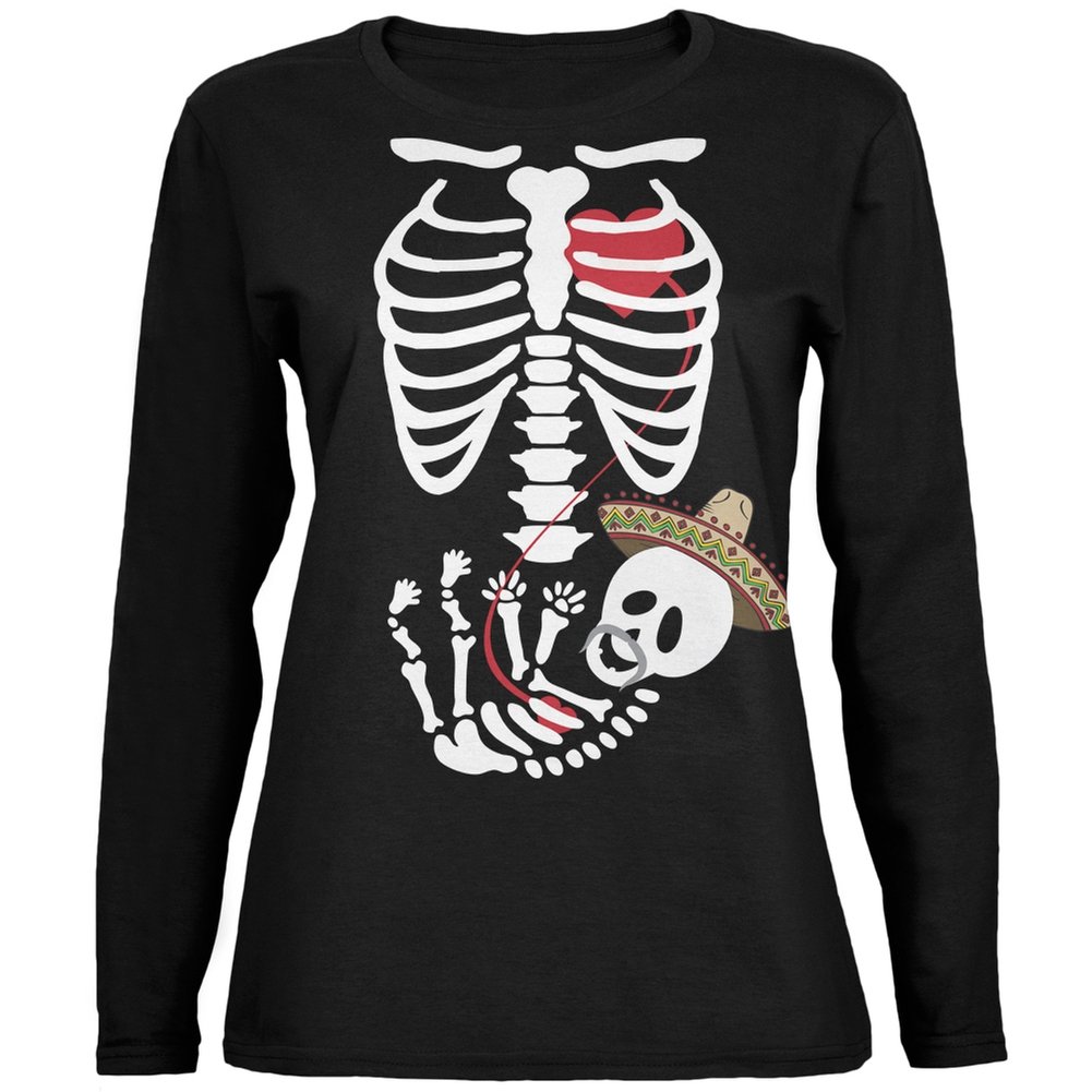 Stylish Cinco de Mayo Baby Skeleton Print Black Women's Long Sleeve T-Shirt - Small Size | Perfect for Mexican Holiday Parties, Halloween Costumes & Gothic Fashion
