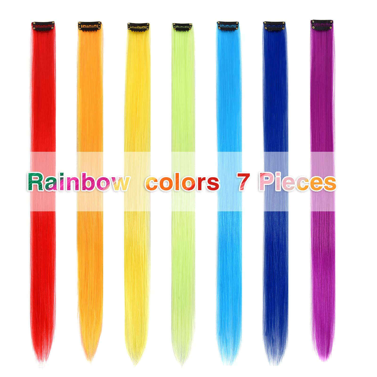 7 Pcs Clip In Hair Extensions 20 Inches - Multi-Colored Straight Synthetic Hair Extensions for Women, Girls & Kids - Heat Resistant, Can Be Curled with Hot Water - Perfect for Parties, Cosplay & Daily Styling (20 Inch, 7 Colors)
