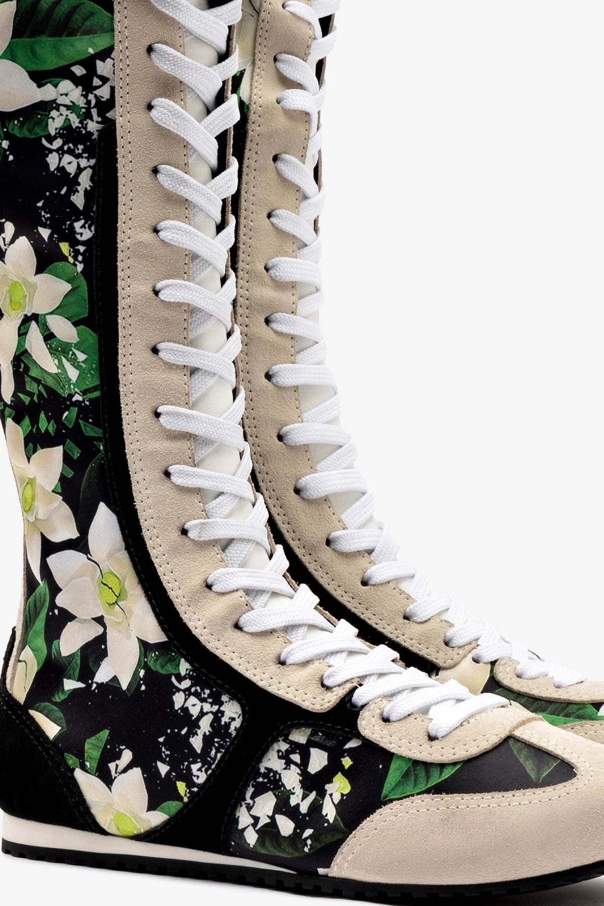 Larroudé x Jonathan Cohen Black Gardenias Satin & Suede Flat Hi Sneaker Boot - Stylish Women's Fashion Shoes for Casual Wear & Night Out