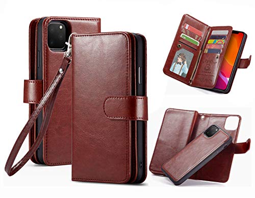 Premium PU Leather iPhone 11 Pro Max Wallet Case - Detachable Magnetic Cover with 9 Card Slots & Wrist Strap | Shockproof Slim Protection for 6.5