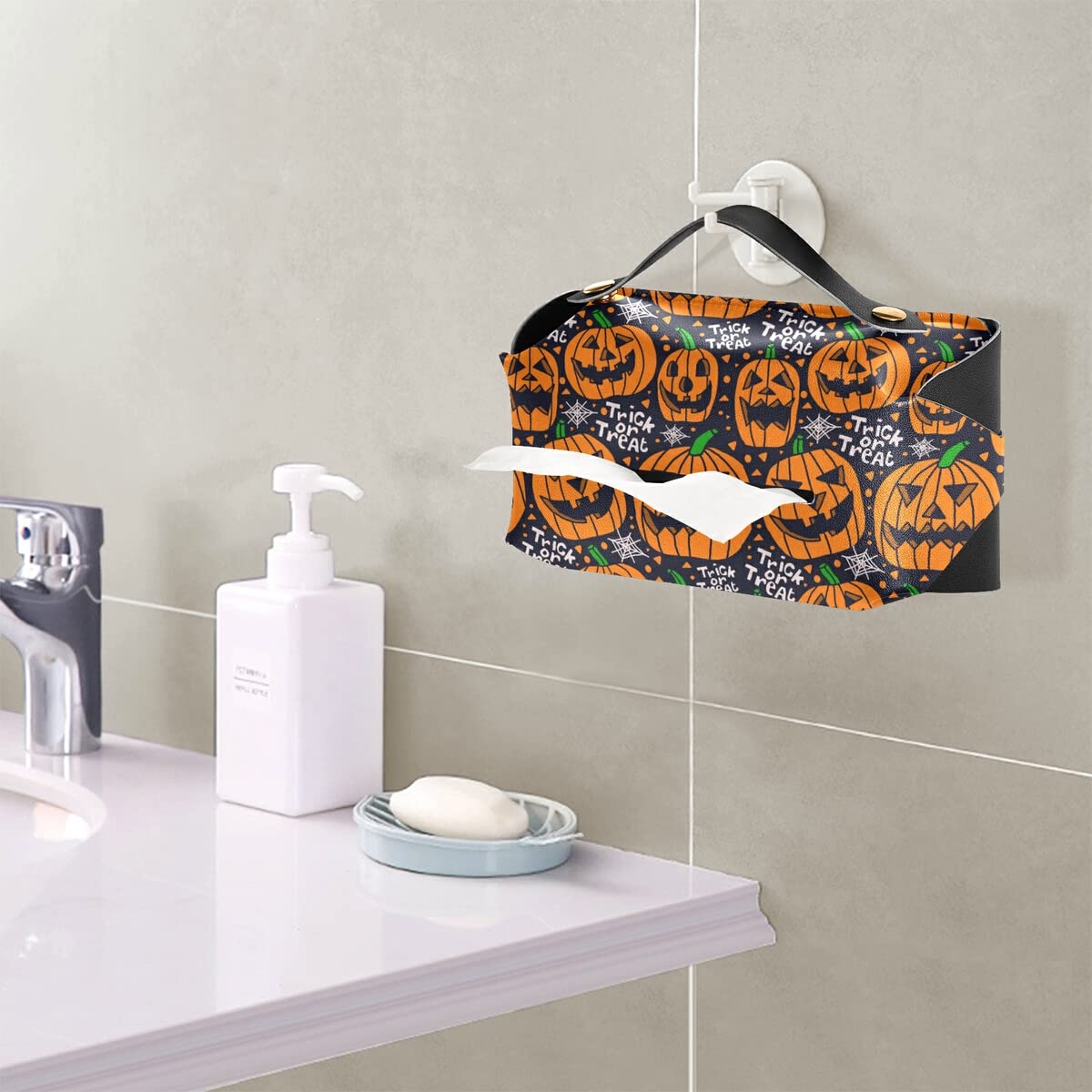 Halloween PU Leather Tissue Box Holder - Rectangle Facial Tissue Dispenser with Hanging Loop for Countertop & Nightstand | Spooky Home Decor for Halloween Party & Fall Season