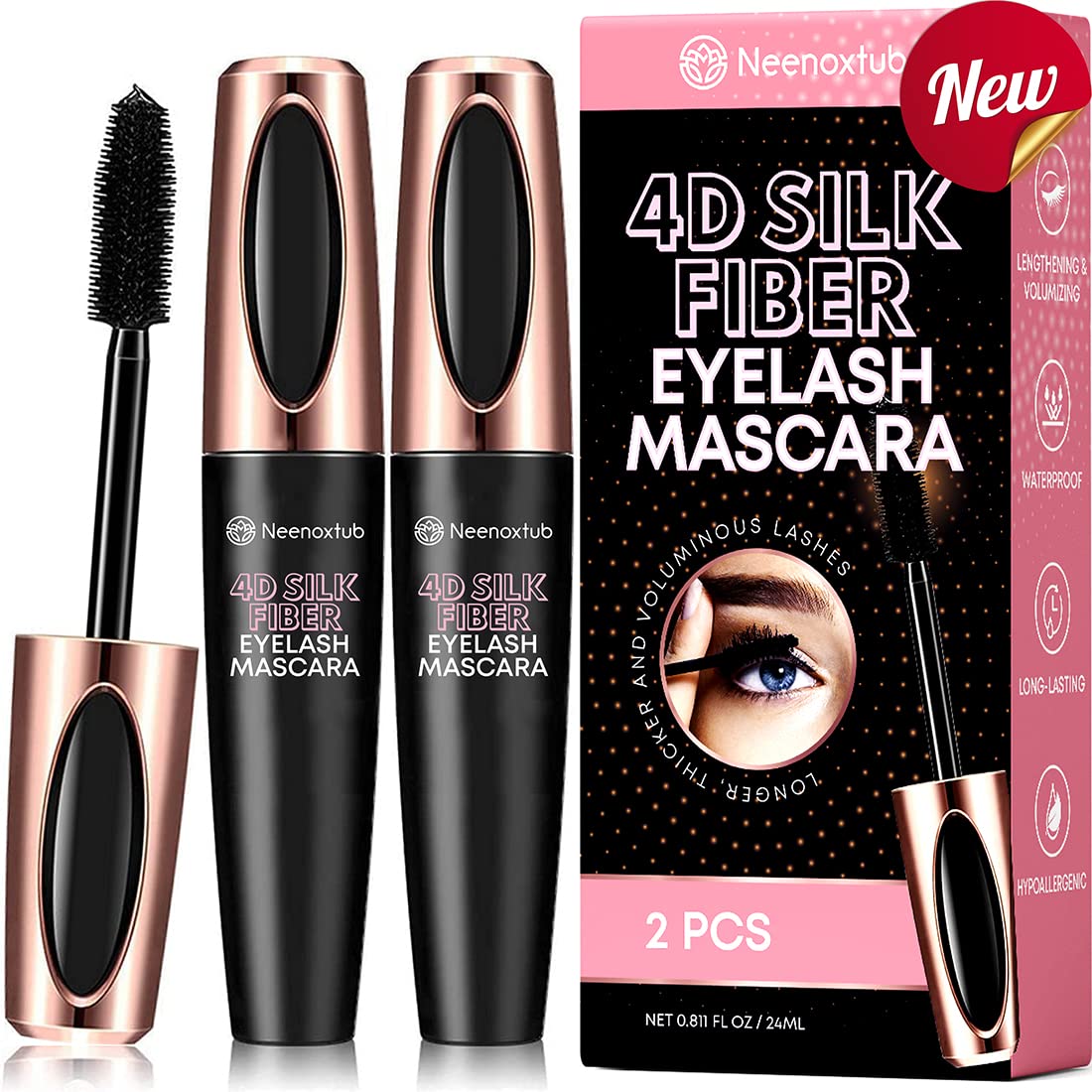 4D Silk Fiber Lash Mascara - Lengthening & Volumizing Black Mascara, Waterproof & Smudge-Proof, Hypoallergenic Formula, 2 Pack - Perfect for Daily Wear, Special Occasions & Sensitive Eyes