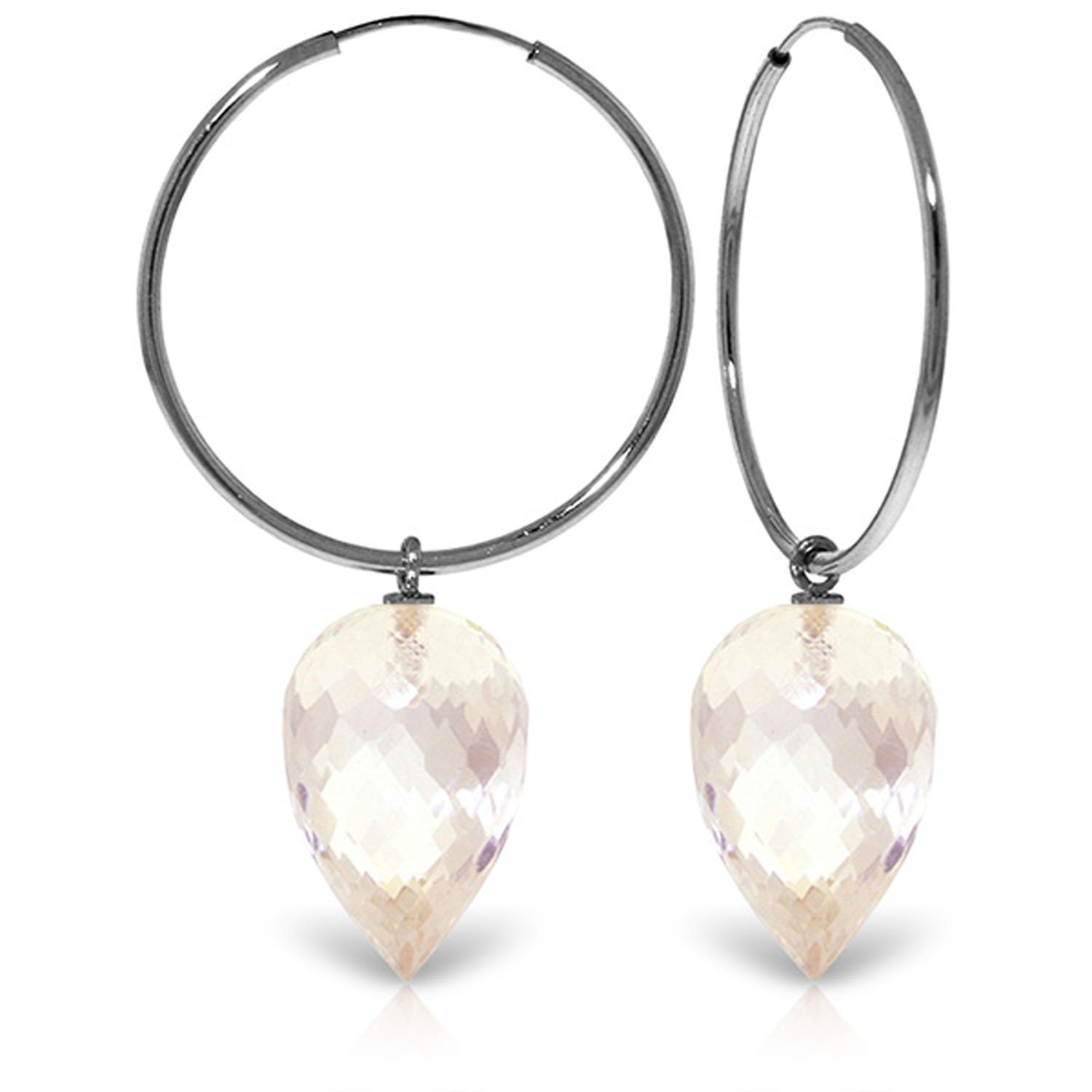 14K Solid White Gold Hoop Earrings with Pointy Briolette Drop White Topaz - Elegant Dangle Earrings for Women, Perfect for Weddings, Parties & Special Occasions