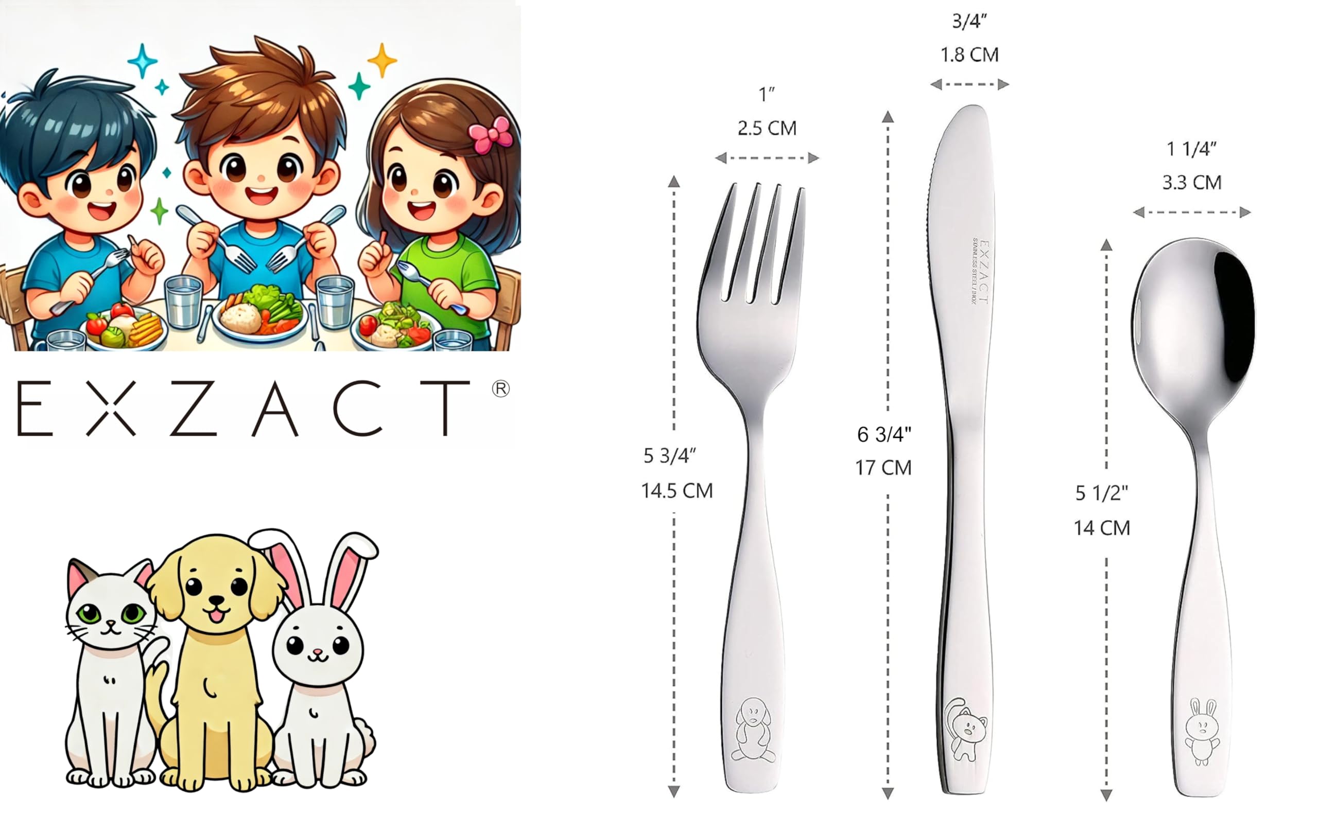 Exzact 12-Piece Kids Cutlery Set - Stainless Steel Forks, Safe Dinner Knives & Spoons for Children with Engraved Animal Designs (Dog, Cat, Bunny) - Perfect for School Lunches, Picnics & Family Dinners