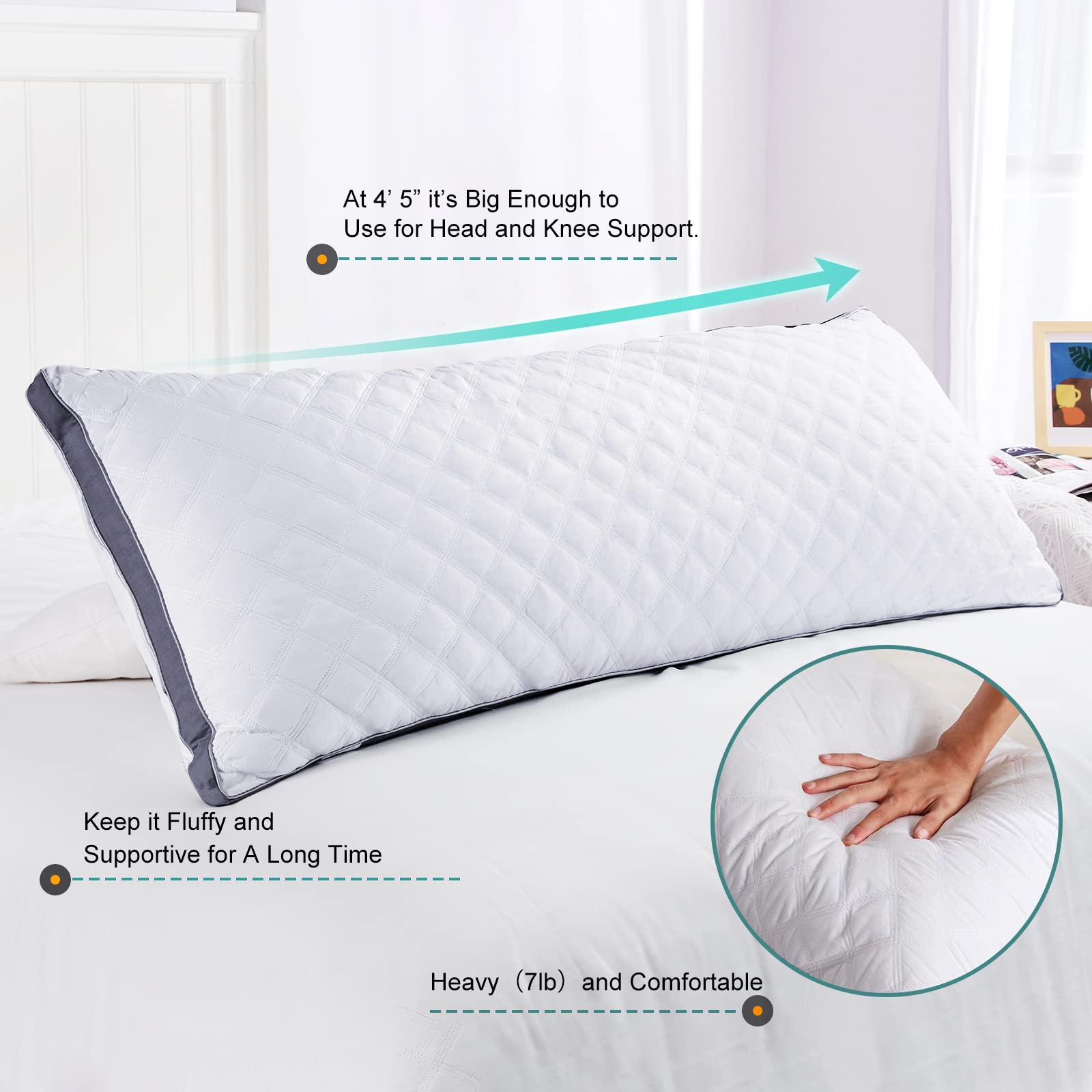 Premium Adjustable Loft Quilted Body Pillow with 100% Jersey Cotton Pillowcase - Grey, 21