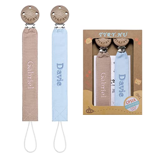 Personalized Pacifier Clip with Name - Custom Embroidery Ribbon Pacifier Holder for Baby Boys & Girls - Universal Fit for All Pacifiers & Baby Toys - 2 Pack Neutral Baby Gift (Khaki, Light Blue) - Perfect for Daycare, Travel & Keeping Pacifiers Clean