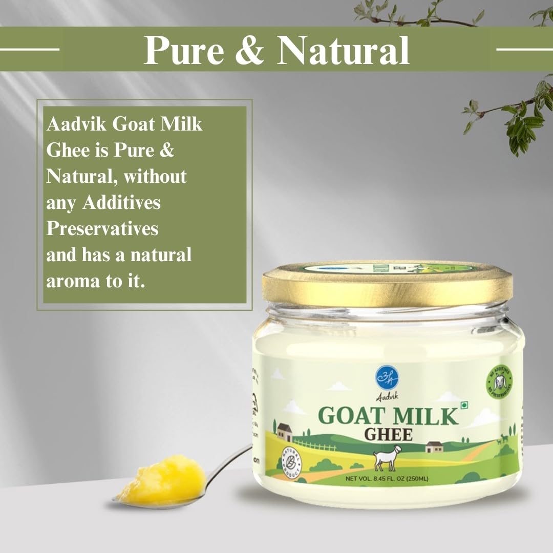 Aadvik Pure Goat Milk Ghee - Ayurvedic Clarified Butter from Pasture-Grazed Goats | 100% Natural, No Preservatives | 8.45 Fl Oz for Cooking, Baking & Healthy Lifestyle