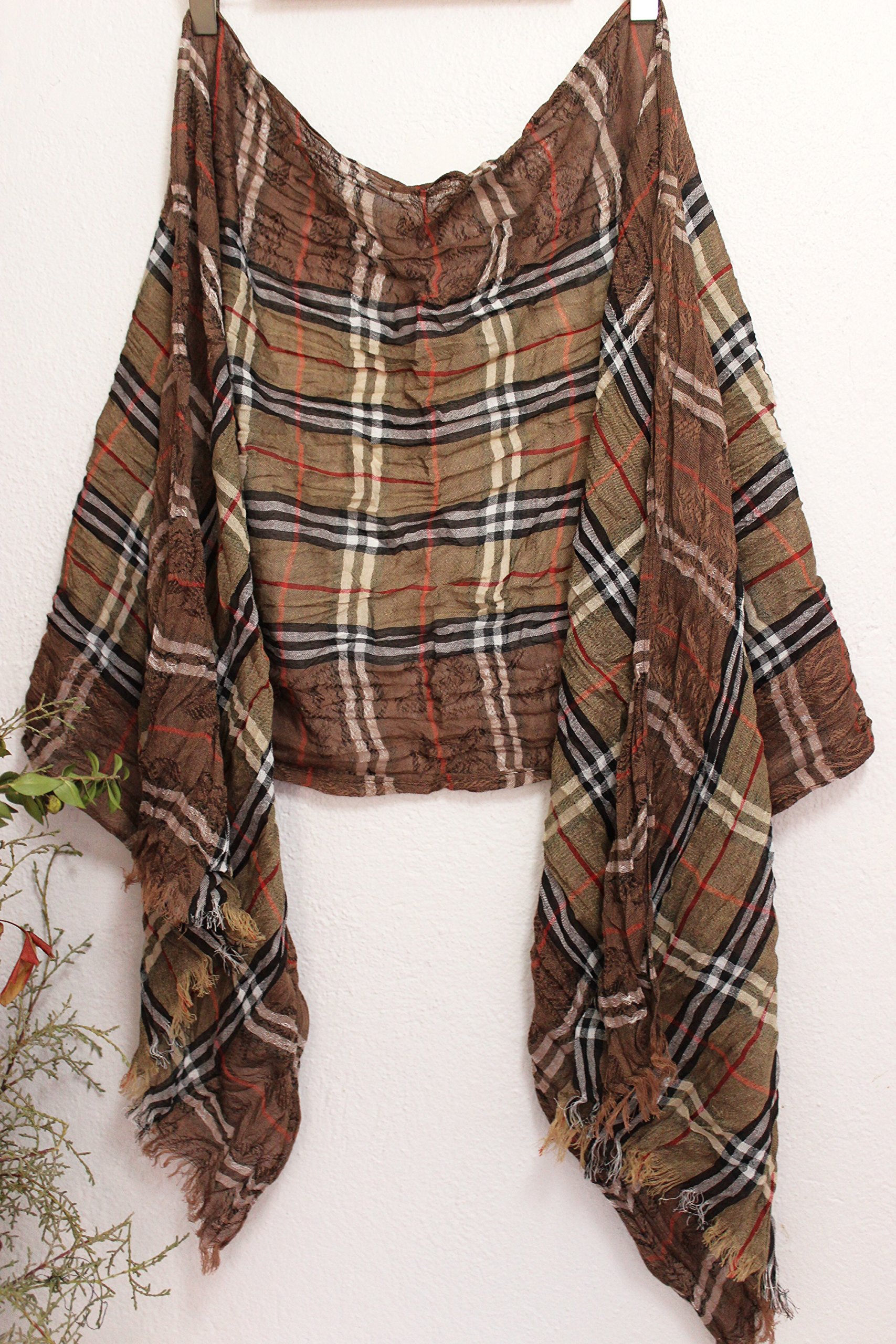 Men's Cotton Scarf - Brown Plaid & Beige Striped Boho Shawl - Turkish Fabric in Red & Black - Unique Gift for Men - Perfect for Winter, Fall & Casual Outfits