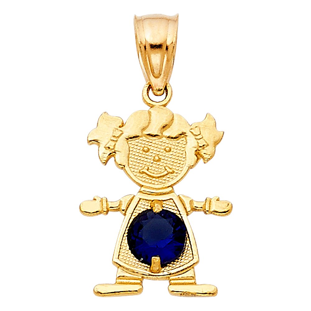 14k Yellow Gold Small Mini Girl Pendant with Black CZ Stone - September Birthstone Jewelry (17mm x 12mm) - Perfect Gift for Birthday, Anniversary & Special Occasions