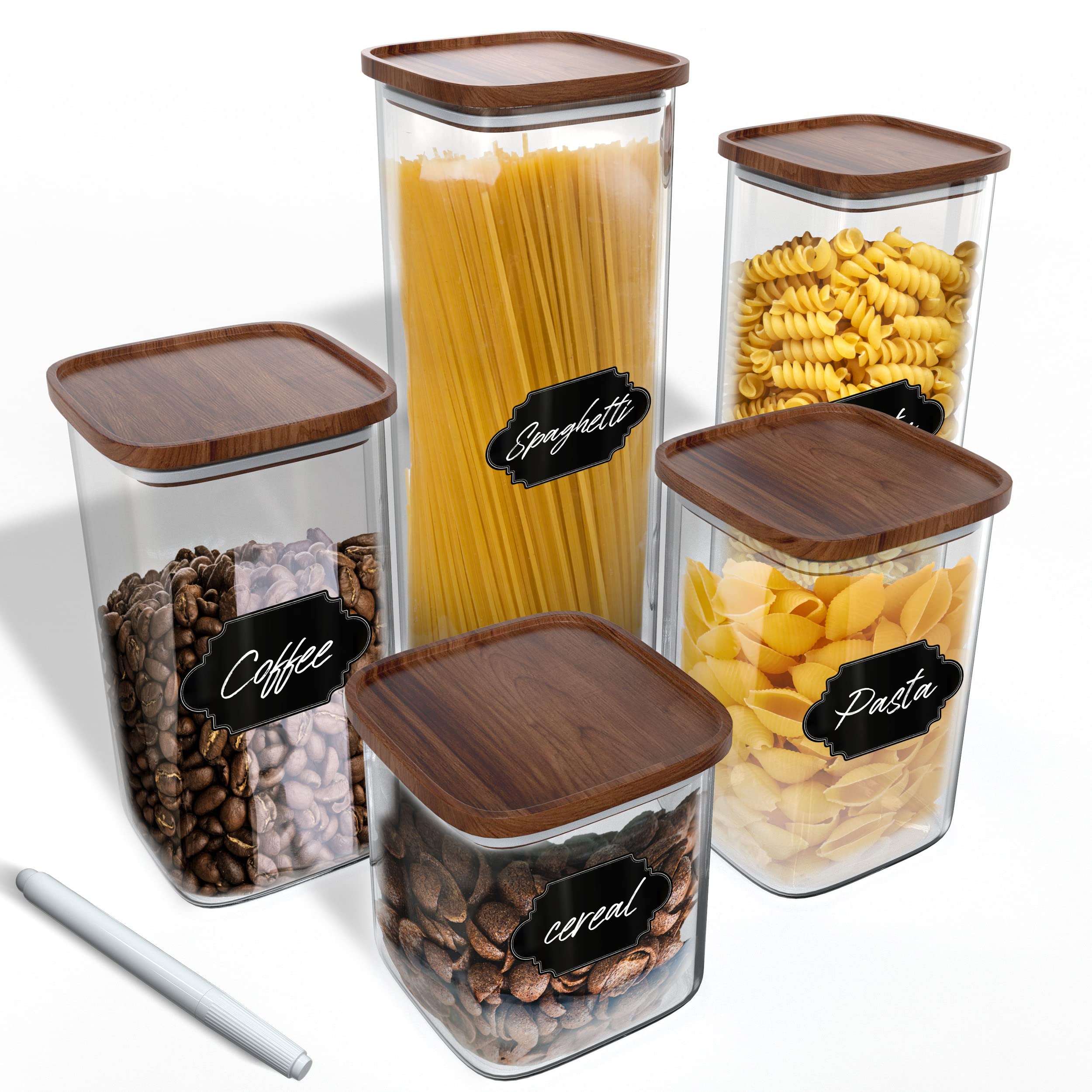 Square Glass Jars with Wood Lids - Set of 4 (24oz) Airtight & Stackable Food Storage Containers | BPA-Free, Recyclable Canisters for Coffee, Cookies, Pasta, Sugar | Perfect for Kitchen Pantry Organization & Home Decor