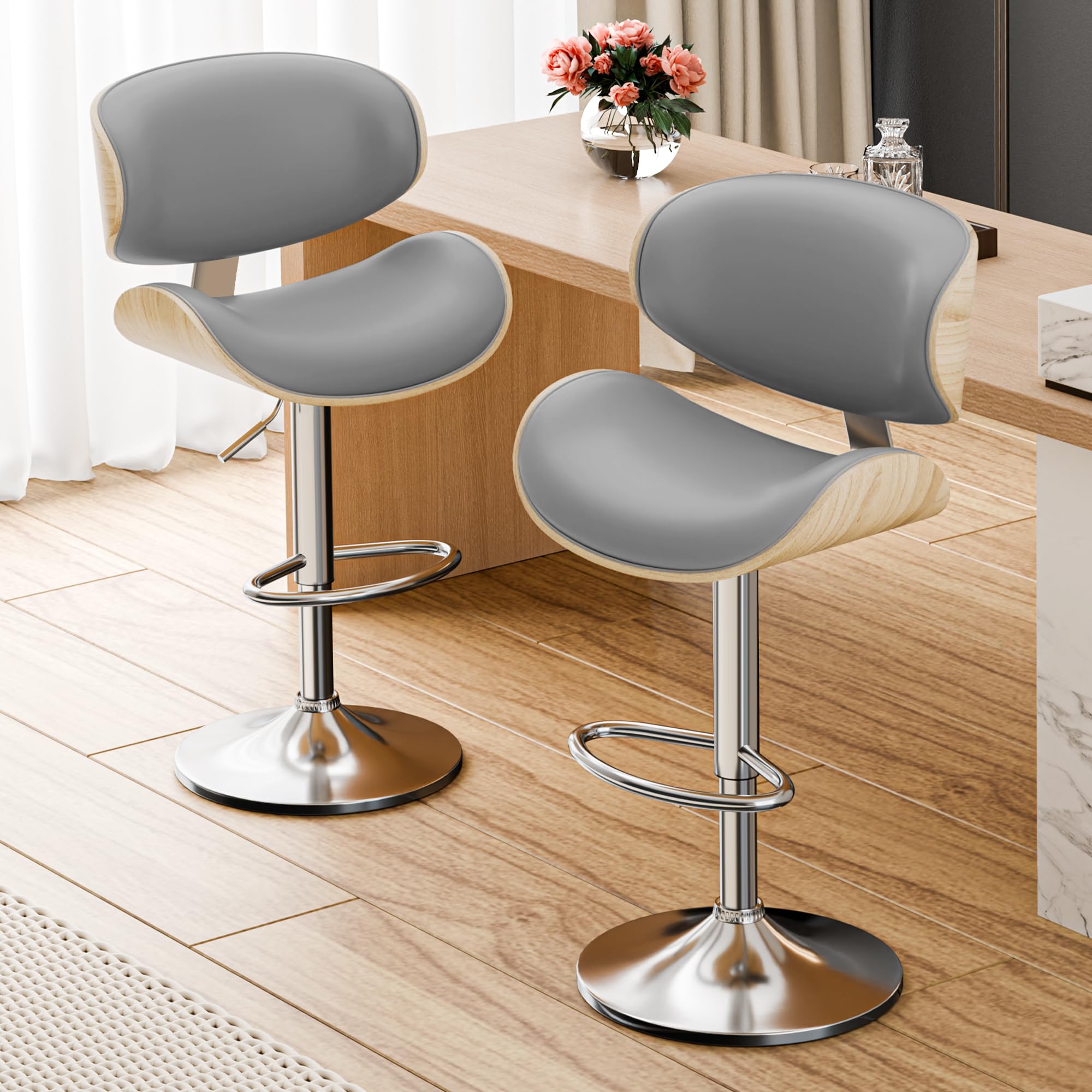 2 Pack Adjustable Swivel Leather Bar Stools - Mid Century Modern Counter Height Bar Chairs with Backrest & Footrest for Kitchen Island, Breakfast Nook or Home Bar (Grey)