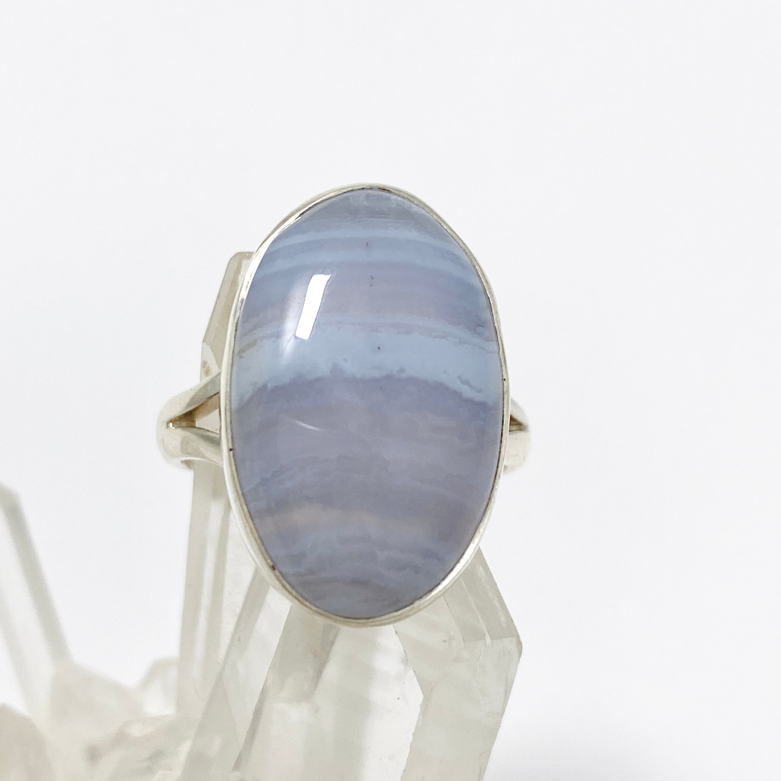 Blue Lace Agate Oval Cabochon Ring - Size 8 - KRGJ3377 - Elegant Handmade Jewelry for Women, Perfect for Weddings, Parties & Everyday Wear
